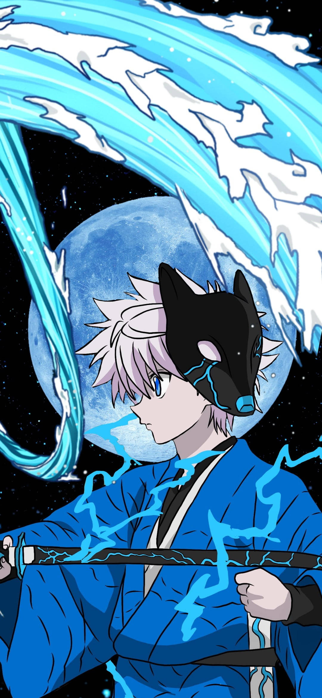 獵人 x 獵人 桌布 壁紙 — 動畫角色戴著狼面具和白髮，在滿月背景下於藍色能量波中揮劍。