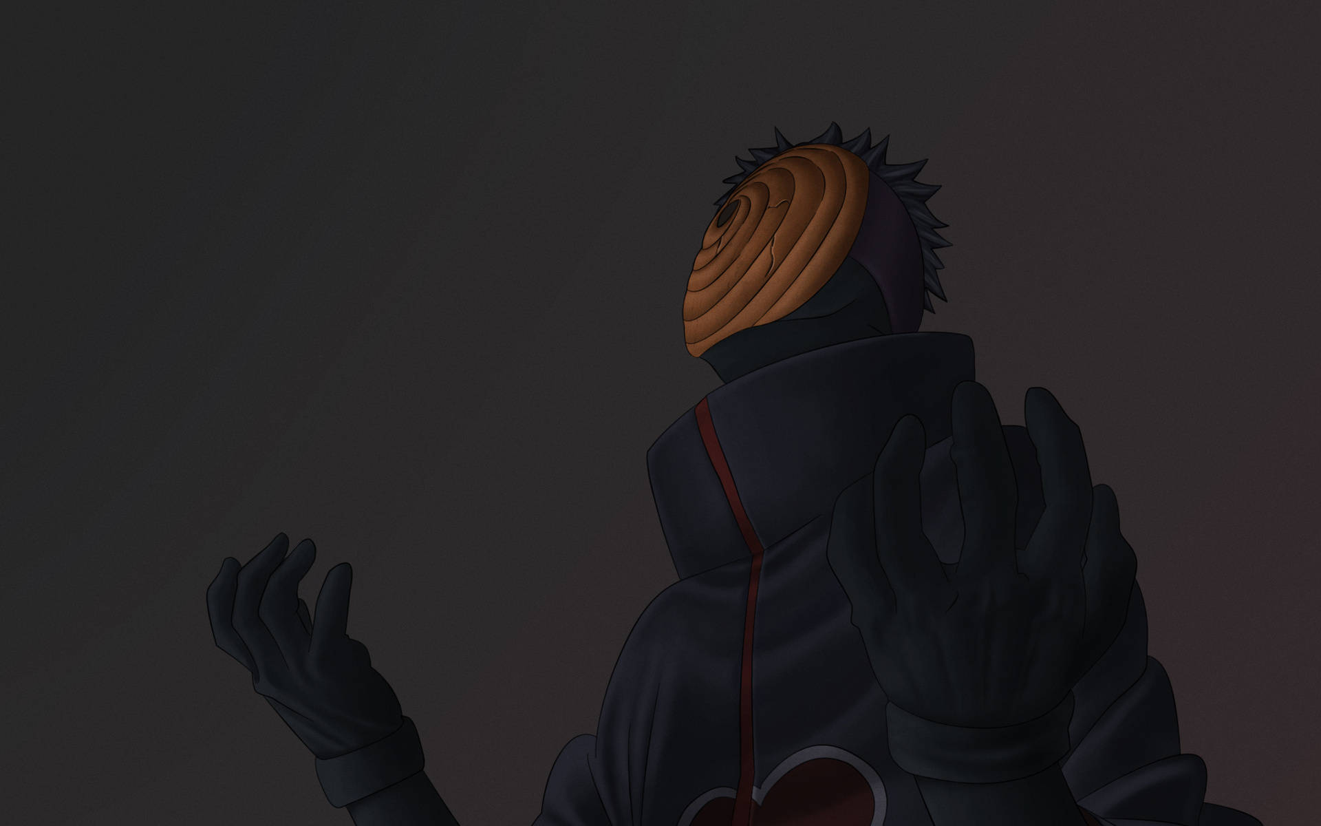 Obito Uchiha 桌布 壁紙 — 動畫角色戴著螺旋面具和黑色斗篷，在陰影空間中舉起雙手站立。