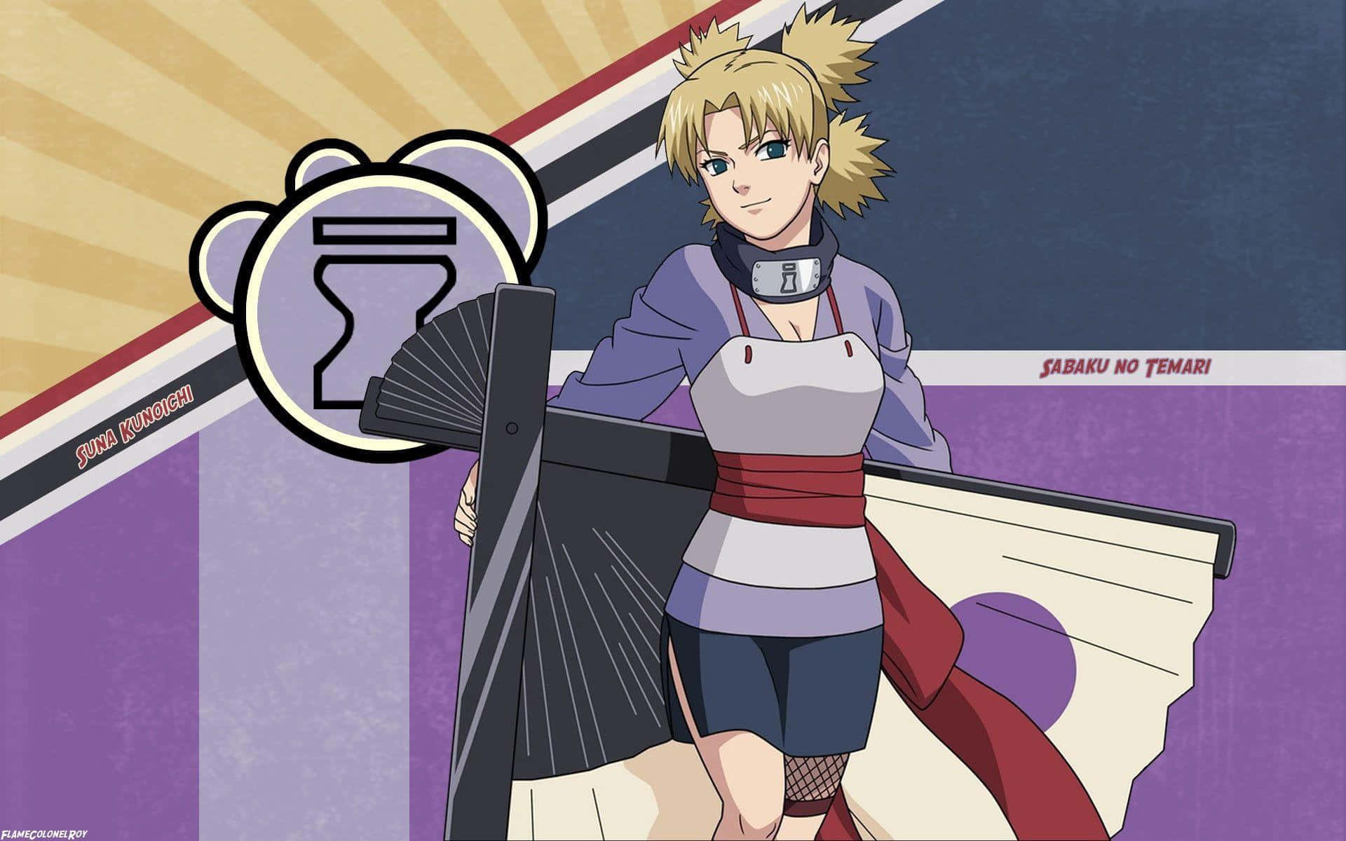 Temari 桌布 壁紙 — 動畫角色手鞠自信地站立，手持一把大扇子，背景為風格化的紫色和黃色。