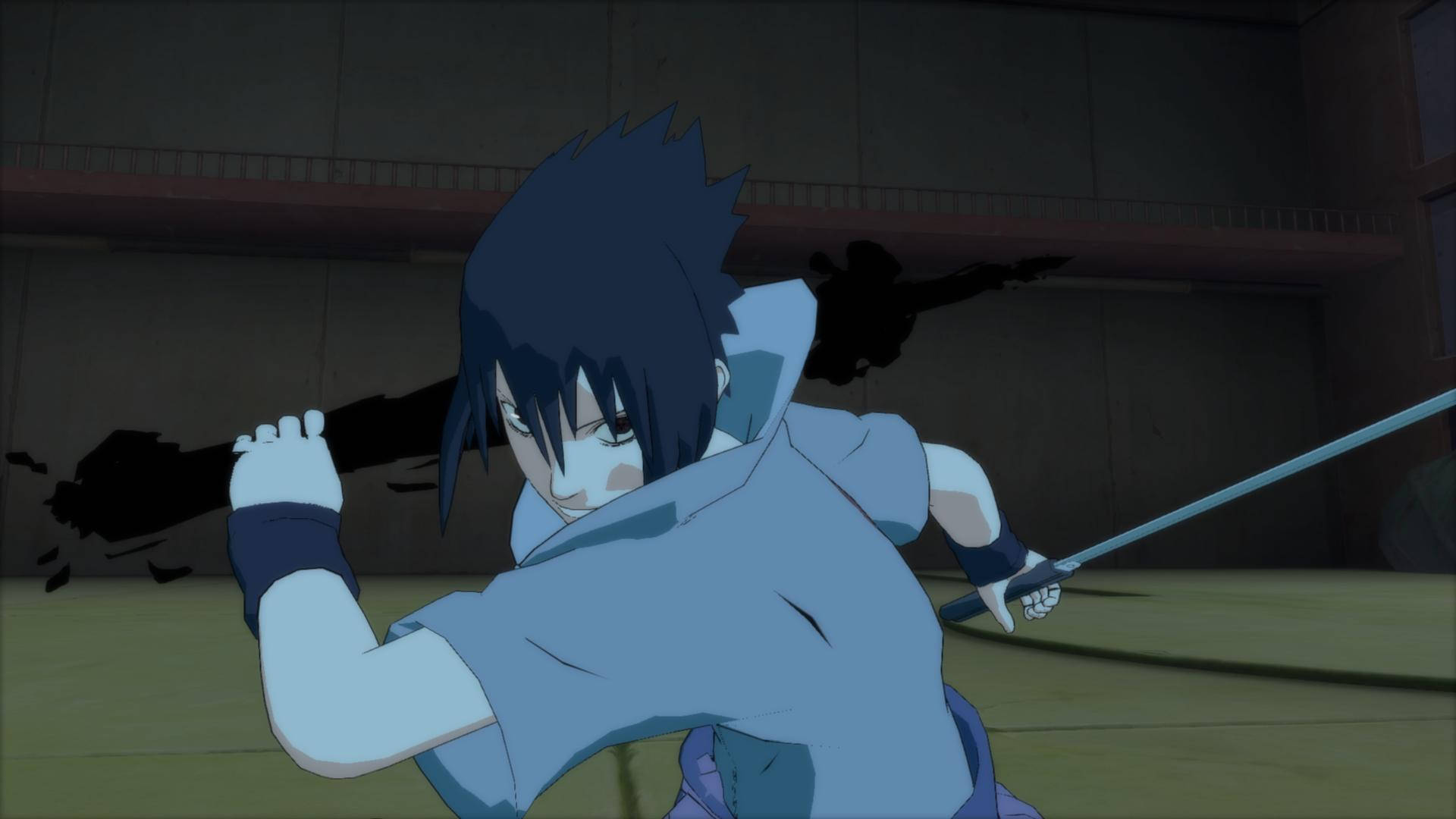Sasuke 4K 桌布 壁紙 — 動畫角色擁有尖刺藍色頭髮，在昏暗的訓練廳中揮舞劍，帶有動態模糊效果。