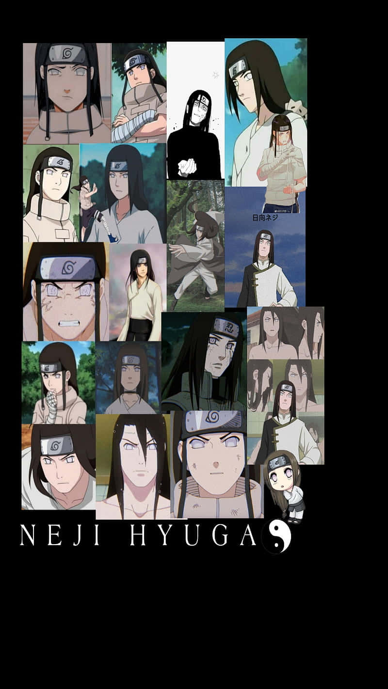 Neji Hyuga 桌布 壁紙 — 動畫角色日向寧次在黑色背景上以各種姿勢和表情拼貼而成的圖片。