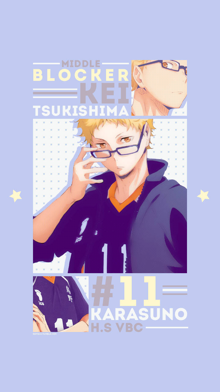 kei tsukishima 桌布 壁紙 — 動畫角色月島螢穿著烏野高中排球隊制服，在帶有星星的淺藍色背景上調整眼鏡。