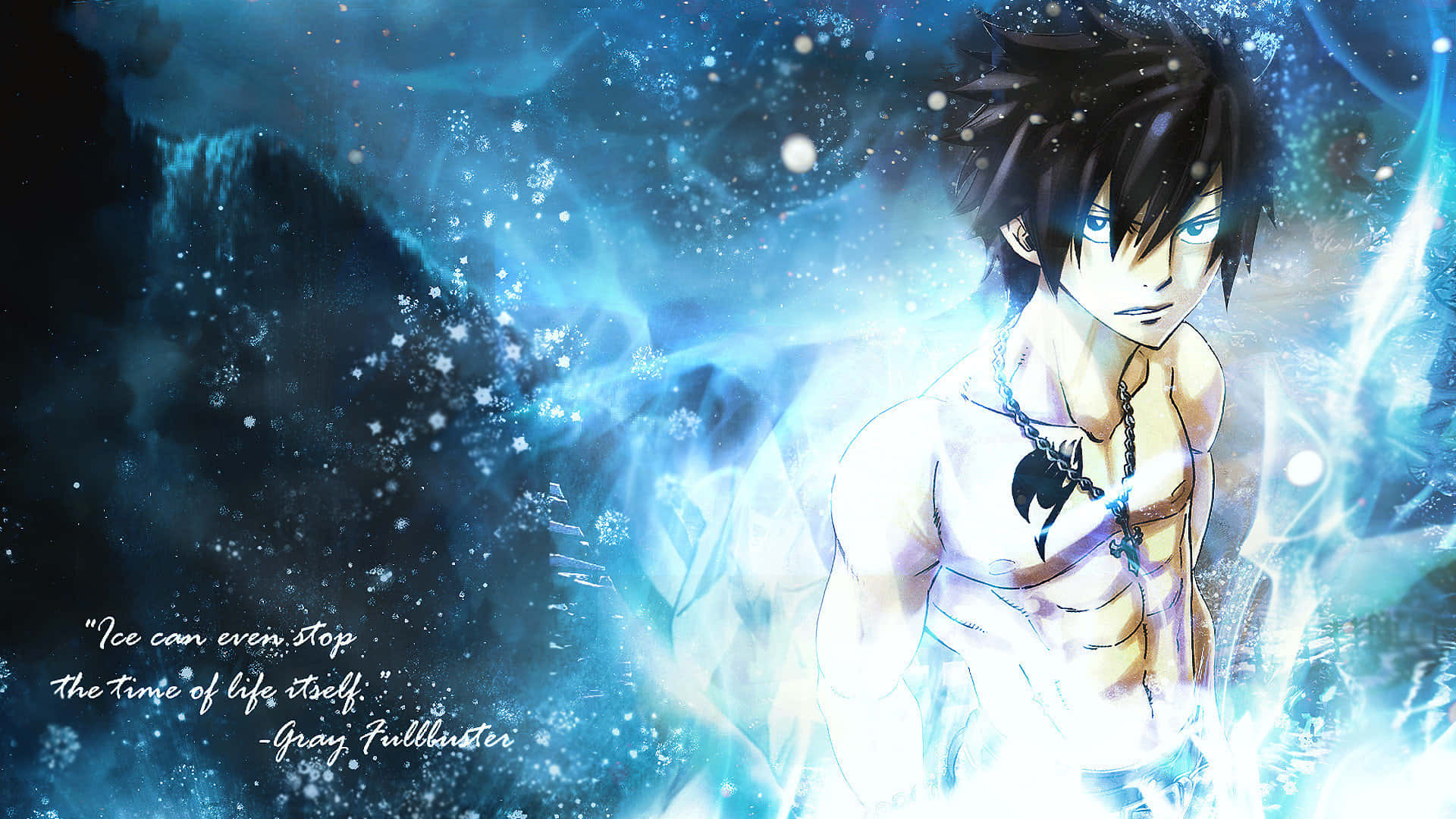 Gray Fullbuster 桌布 壁紙 — 動畫角色格雷·佛爾帕斯塔站在旋轉的藍色冰魔法中，雪花在他周圍飄浮。
