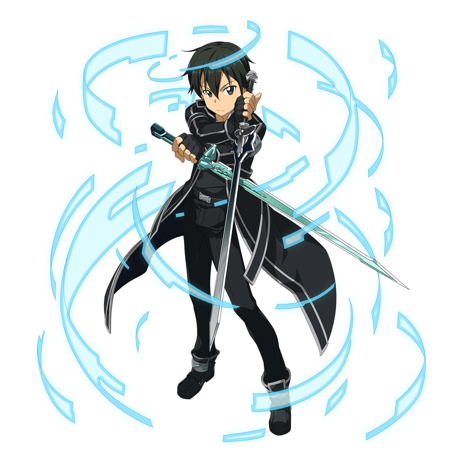 Kazuto Kirigaya 桌布 壁紙 — 動畫角色桐人穿著黑色服裝，揮舞著被旋轉藍色能量效果包圍的發光劍。