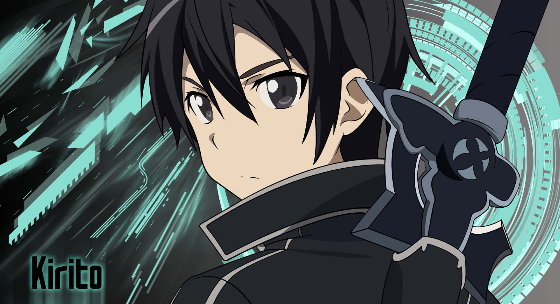 Kazuto Kirigaya 桌布 壁紙 — 動畫角色桐人穿著黑色盔甲，在發光的青綠色數位背景前手持劍。
