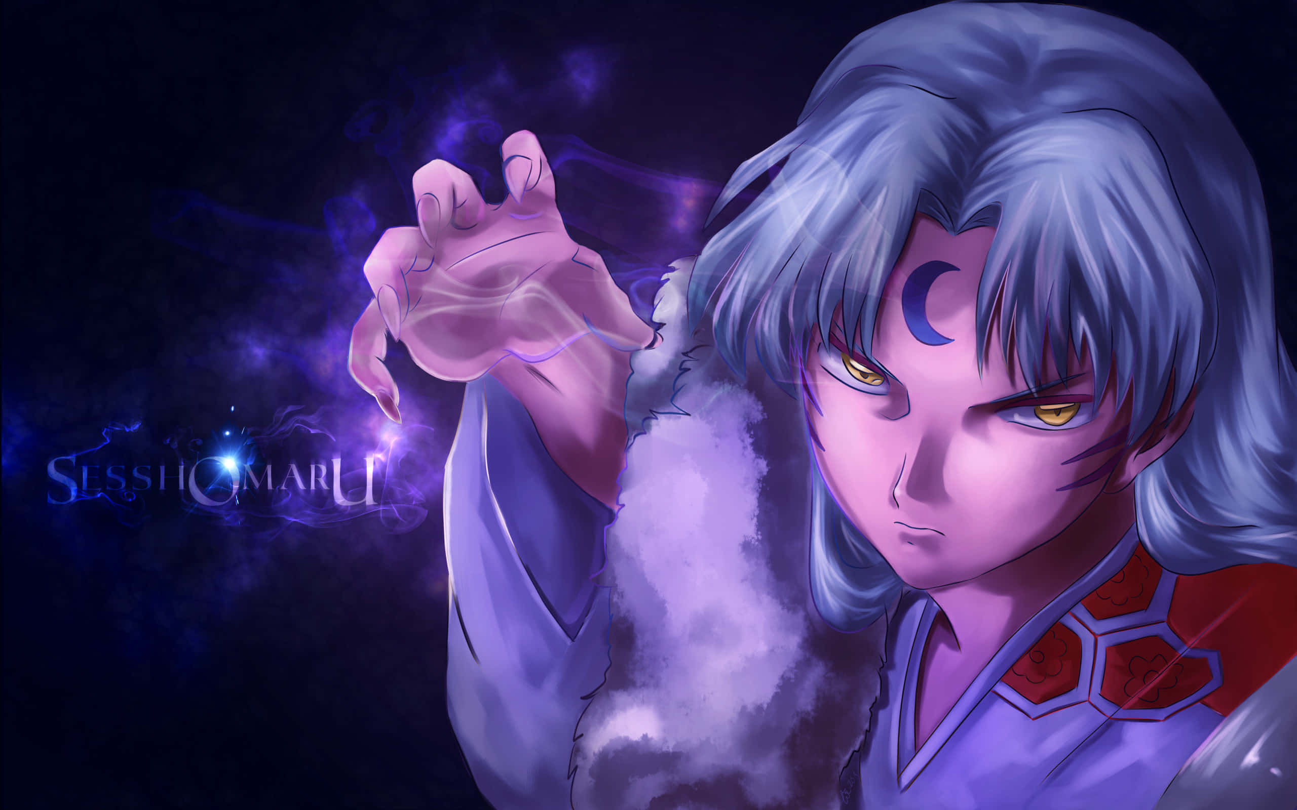 Sesshomaru 桌布 壁紙 — 動畫角色殺生丸，銀髮黃眼，在黑暗神秘場景中釋放紫色能量。
