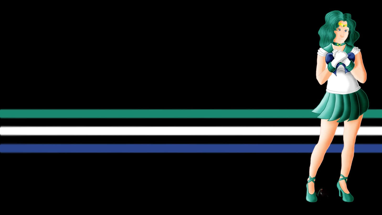 sailor neptune 桌布 壁紙 — 動畫角色水手水星站在黑色背景前，背景上有大膽的綠色、白色和藍色水平條紋。