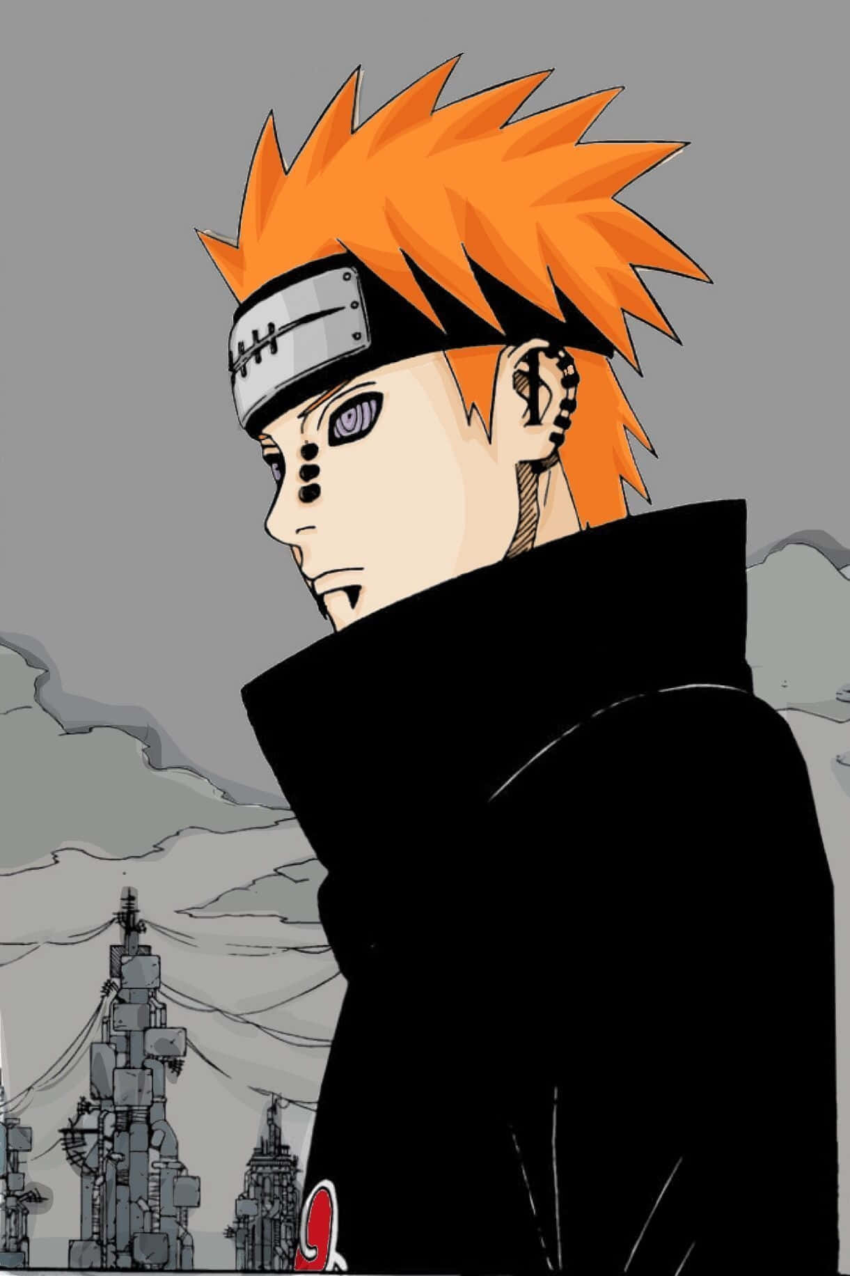 Nagato 桌布 壁紙 — 動畫角色漩渦鳴人，身穿黑色斗篷，橙色尖刺頭髮和頭帶，背景為灰色城市景觀。