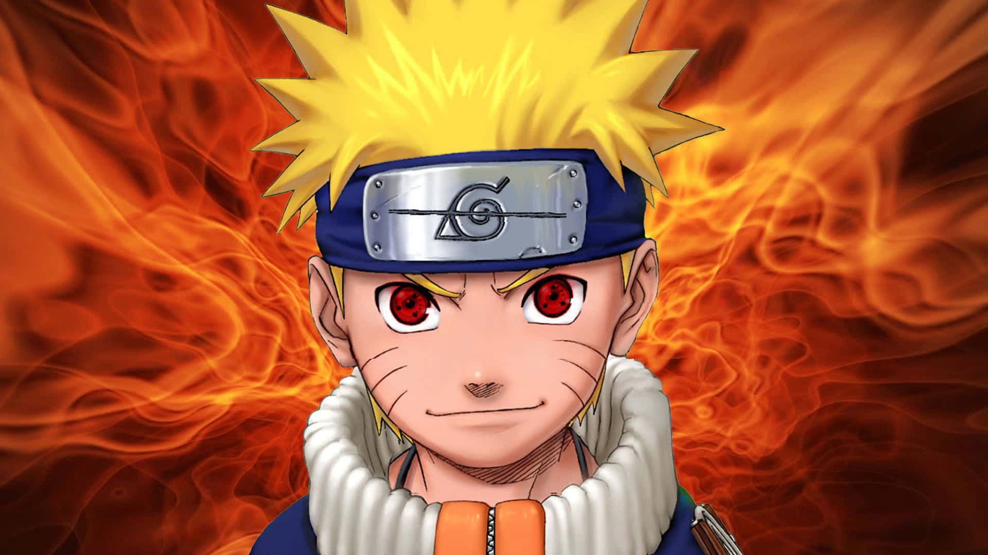 Naruto Fire 桌布 壁紙 — 動畫角色漩渦鳴人，金色刺蝟頭，紅色眼睛，被旋轉的橙色火焰包圍。