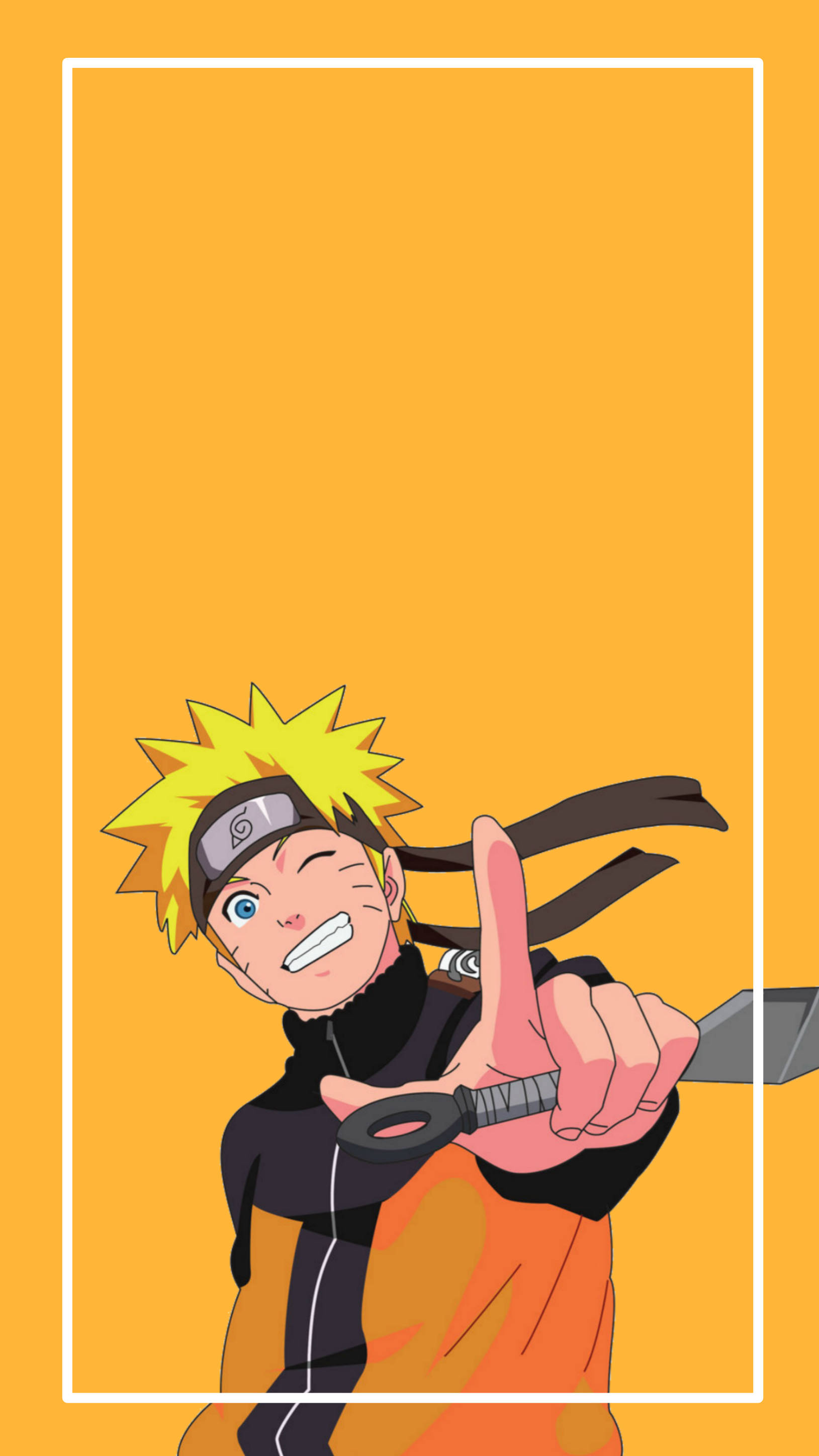Yellow Naruto 桌布 壁紙 — 動畫角色漩渦鳴人咧嘴笑著並眨眼，手持苦無刀，背景為純橙色。