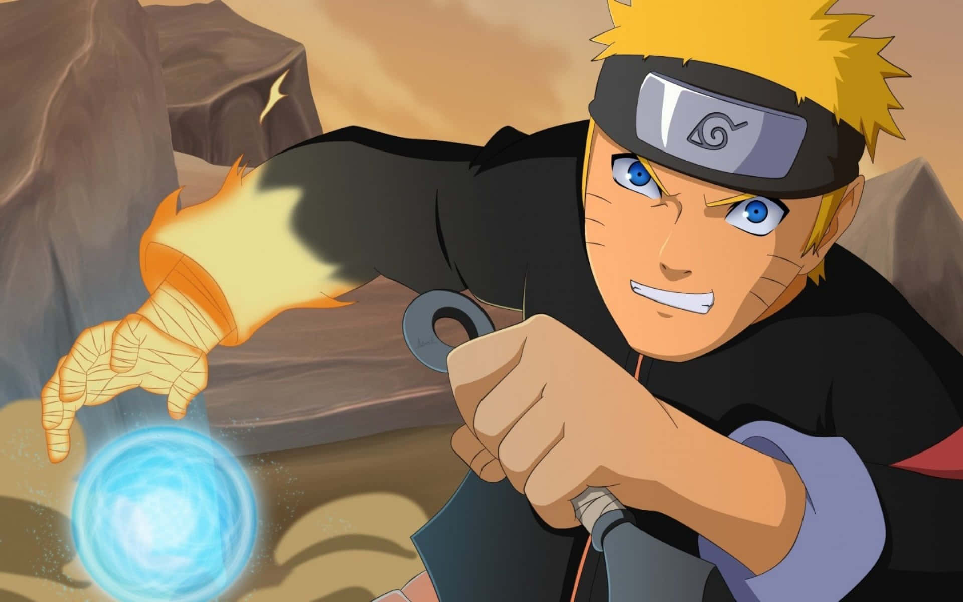 Naruto Rasengan 桌布 壁紙 — 動畫角色漩渦鳴人在岩石沙漠背景下將藍色查克拉匯聚到手中。