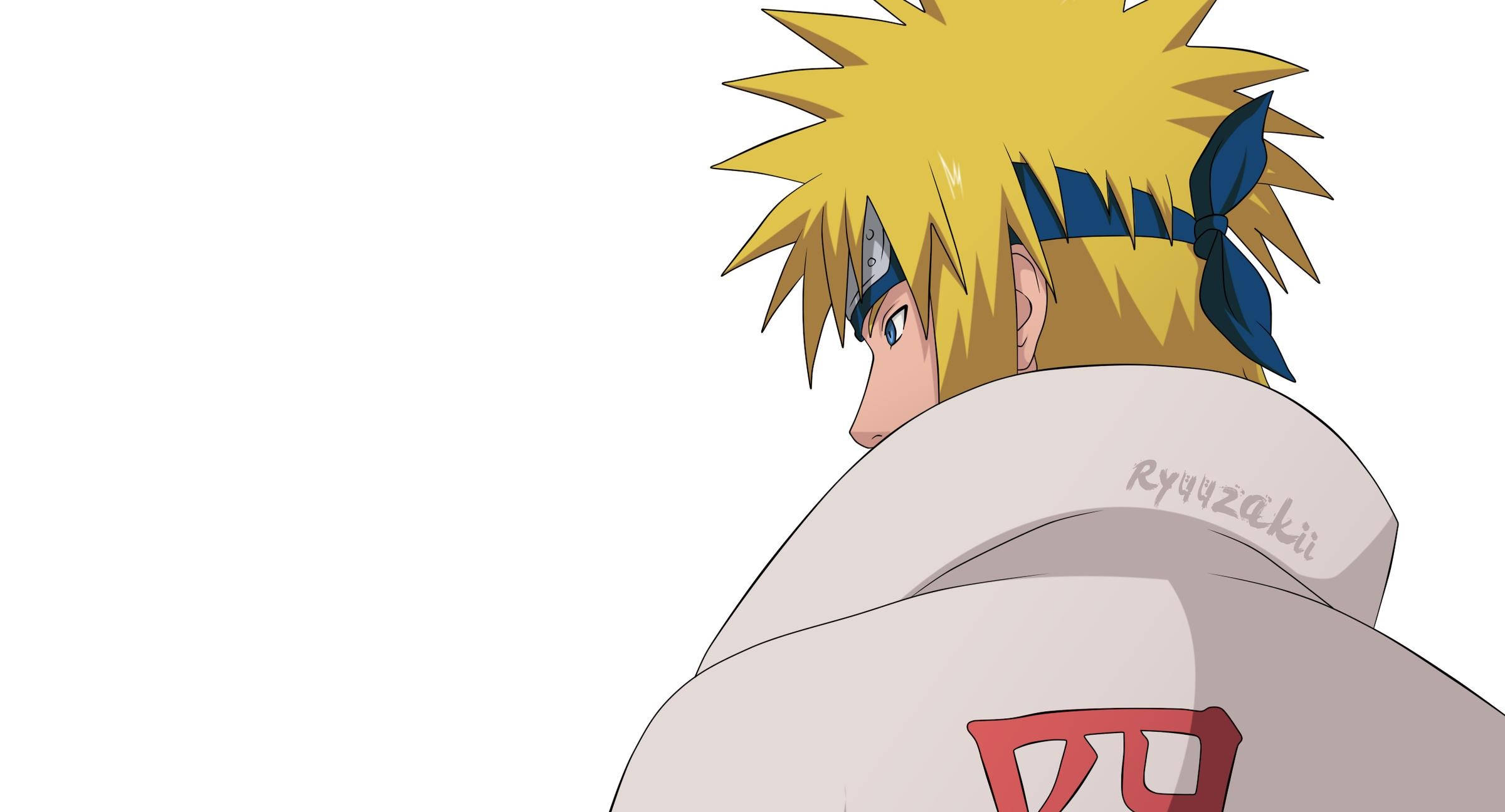 Yellow Naruto 桌布 壁紙 — 動畫角色漩渦鳴人穿著帶有紅色標誌的白色斗篷和藍色頭帶，側面顯示在白色背景上。