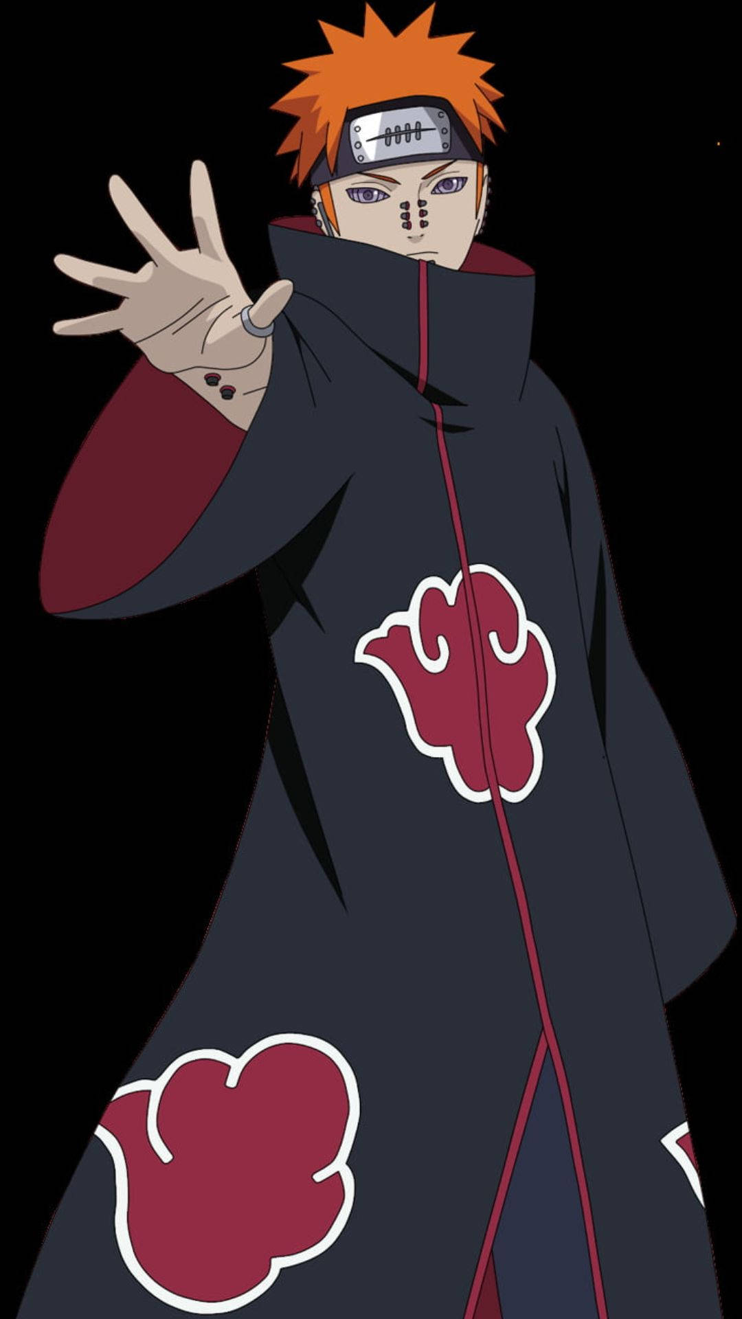 Nagato 桌布 壁紙 — 動畫角色漩渦鳴人穿著帶有紅雲和橙色頭髮的曉組織斗篷，背景為黑色。