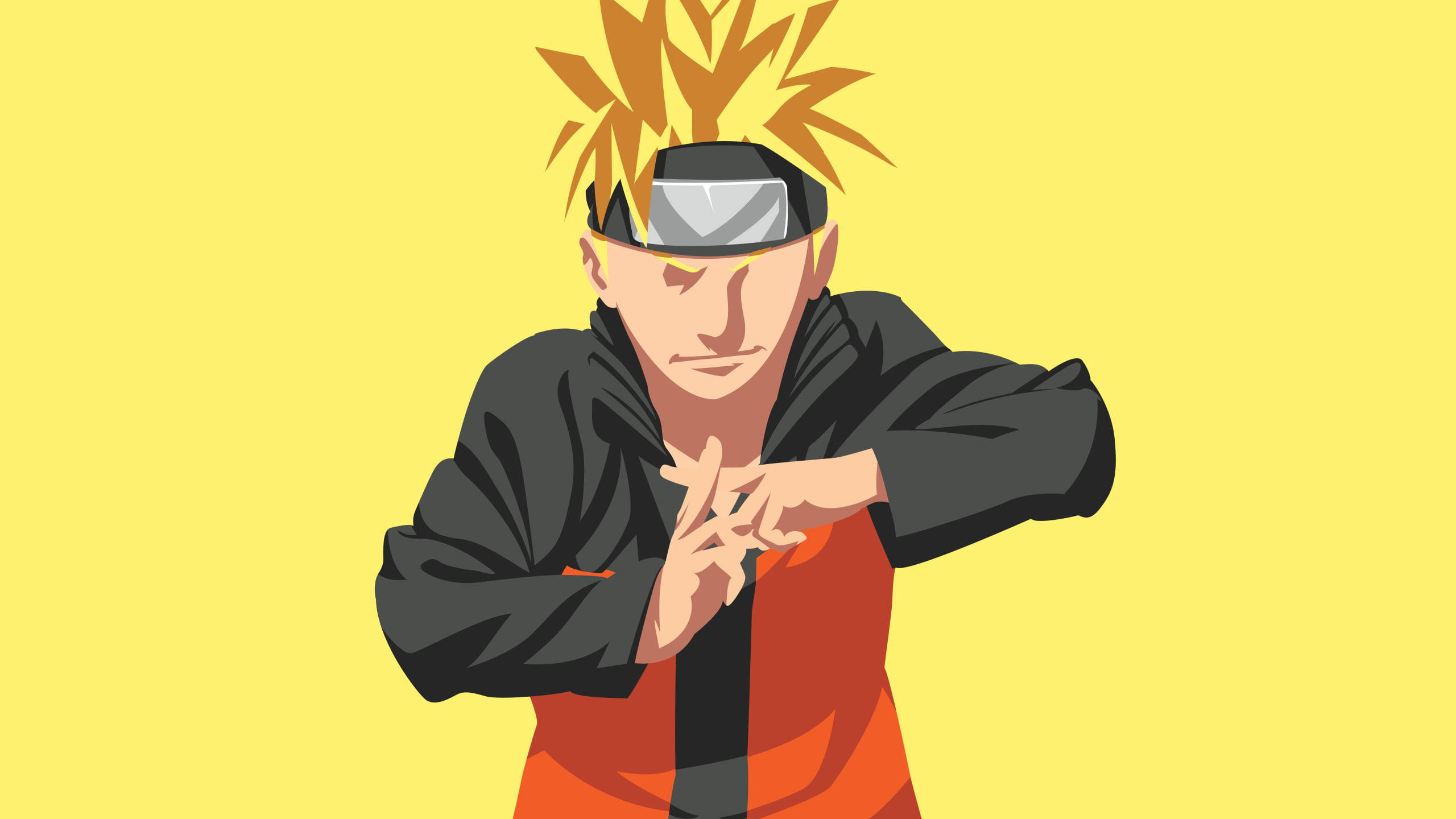 naruto hand signs 桌布 壁紙 — 動畫角色漩渦鳴人穿著橙色和黑色服裝，在純黃色背景前結手印。