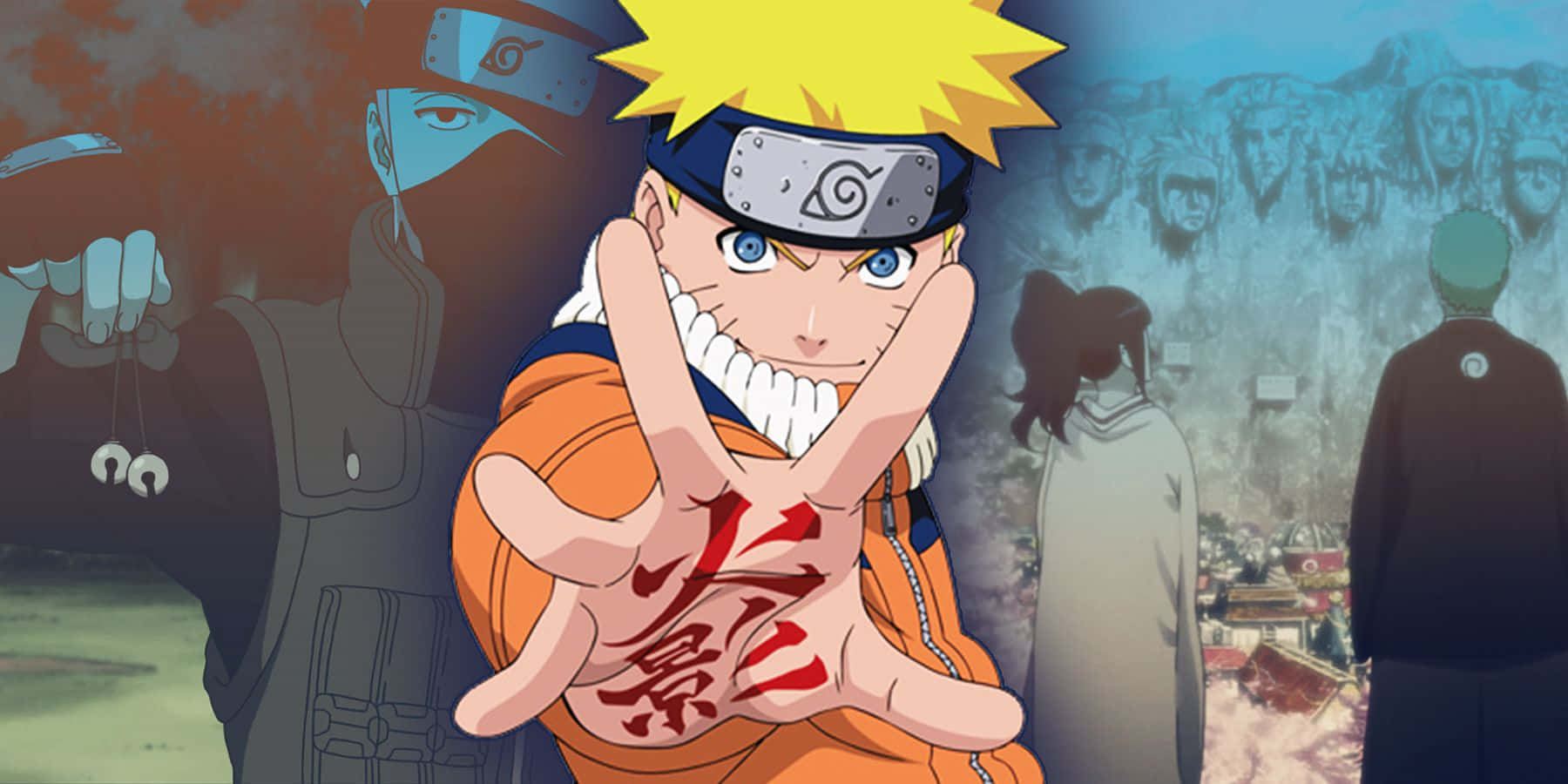 Akatsuki Kakashi 桌布 壁紙 — 動畫角色漩渦鳴人穿著橙色外套，手掌上有火焰漢字結印，背景是陰影人物和紀念石像面孔。