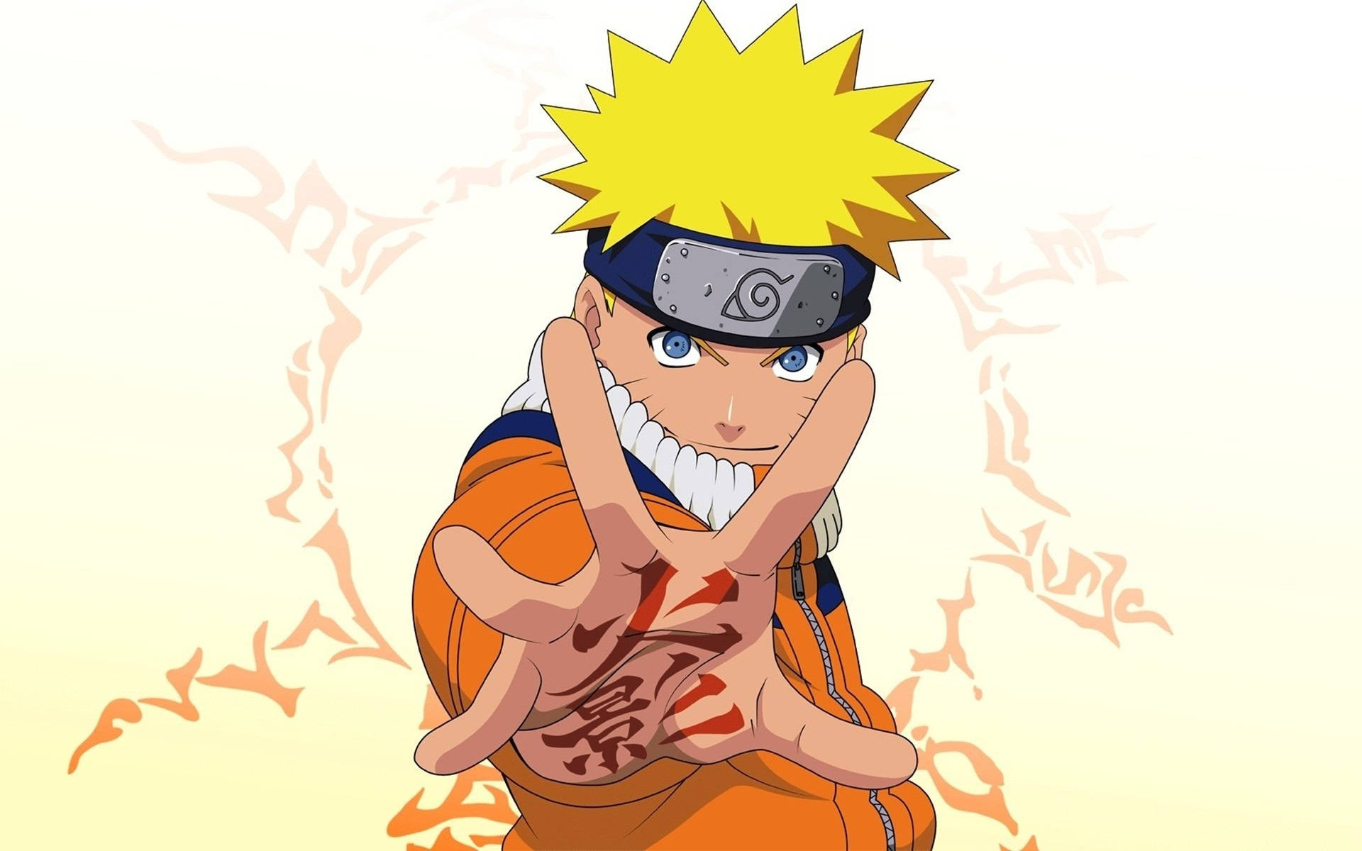 Naruto HD 桌布 壁紙 — 動畫角色漩渦鳴人穿著橙色連身衣，在柔和的漸變背景前結手印，周圍環繞著熾熱的查克拉。