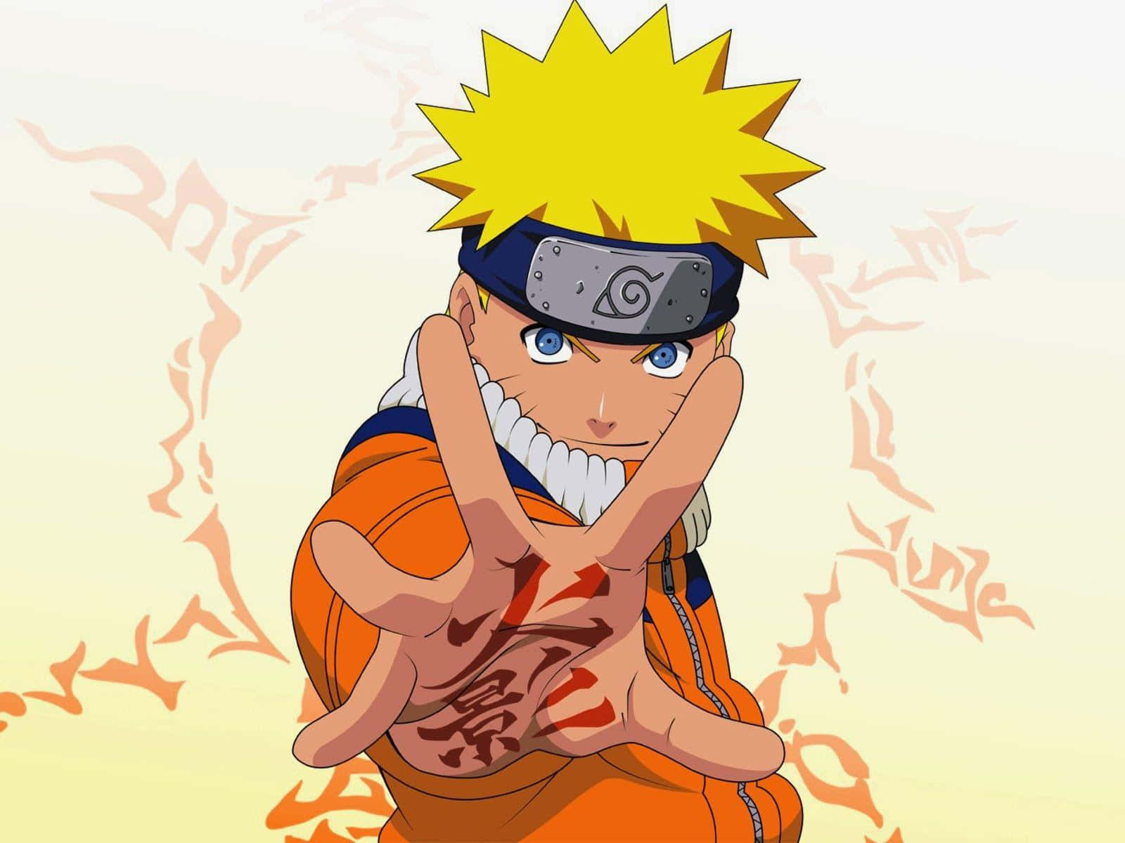 Naruto Alone 桌布 壁紙 — 動畫角色漩渦鳴人穿著橙色連身衣和頭帶，身後有熾熱的查克拉旋轉，正在結手印。