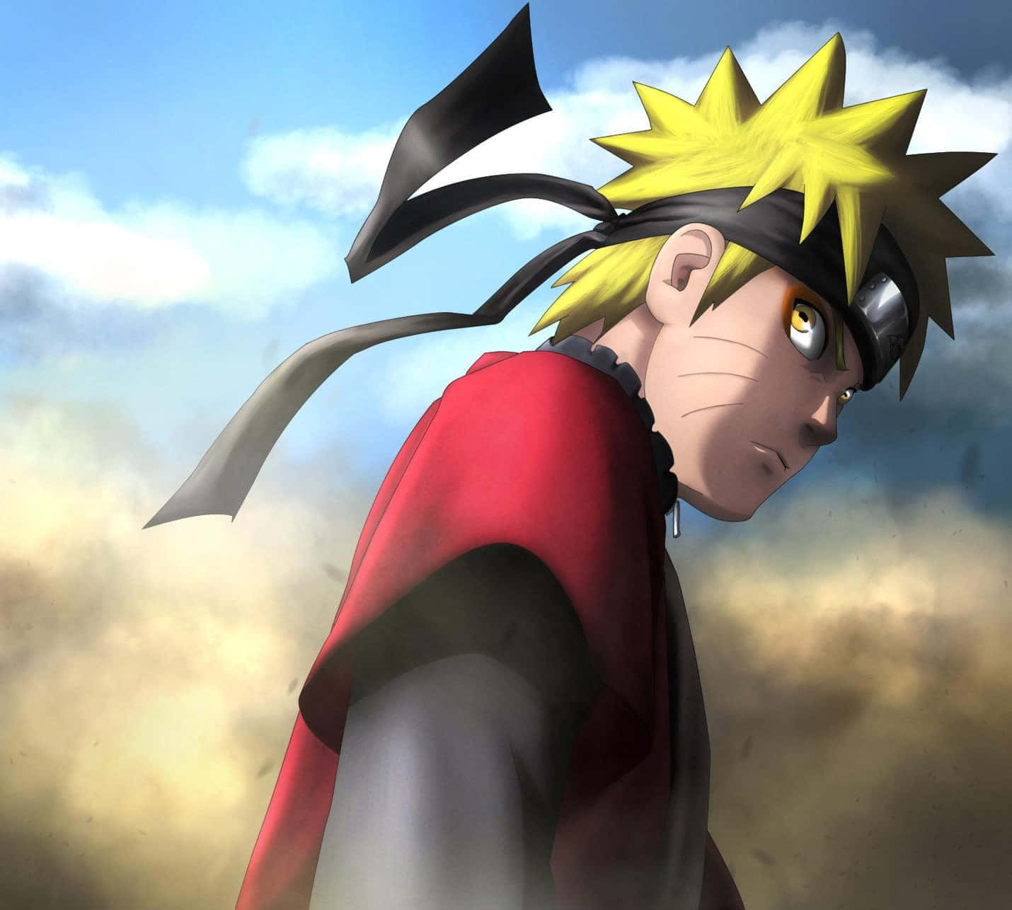 Naruto Sage Mode 桌布 壁紙 — 動畫角色漩渦鳴人穿著紅色斗篷，在陰雲密佈的天空下展現堅定的表情。