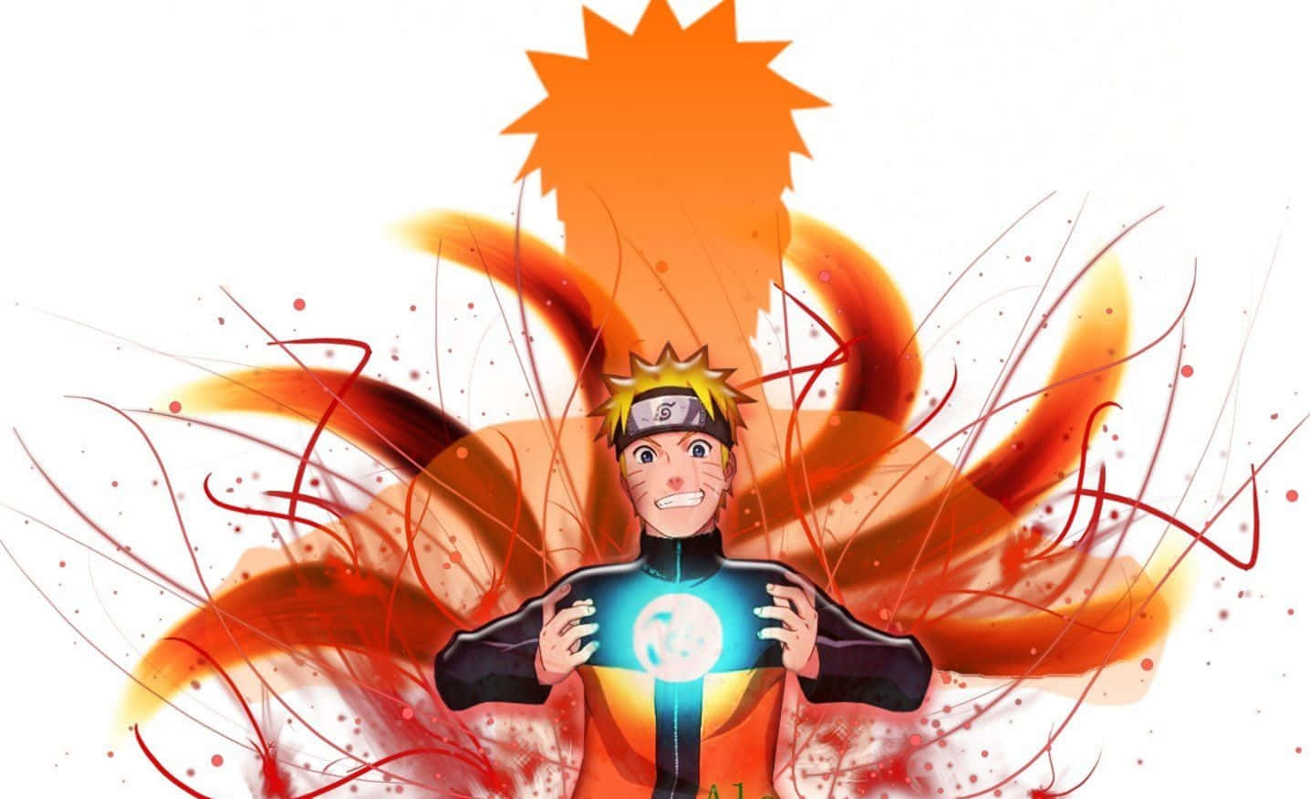 Naruto Rasengan 桌布 壁紙 — 動畫角色漩渦鳴人處於九尾查克拉模式，身後有熾熱的橙色能量旋轉。
