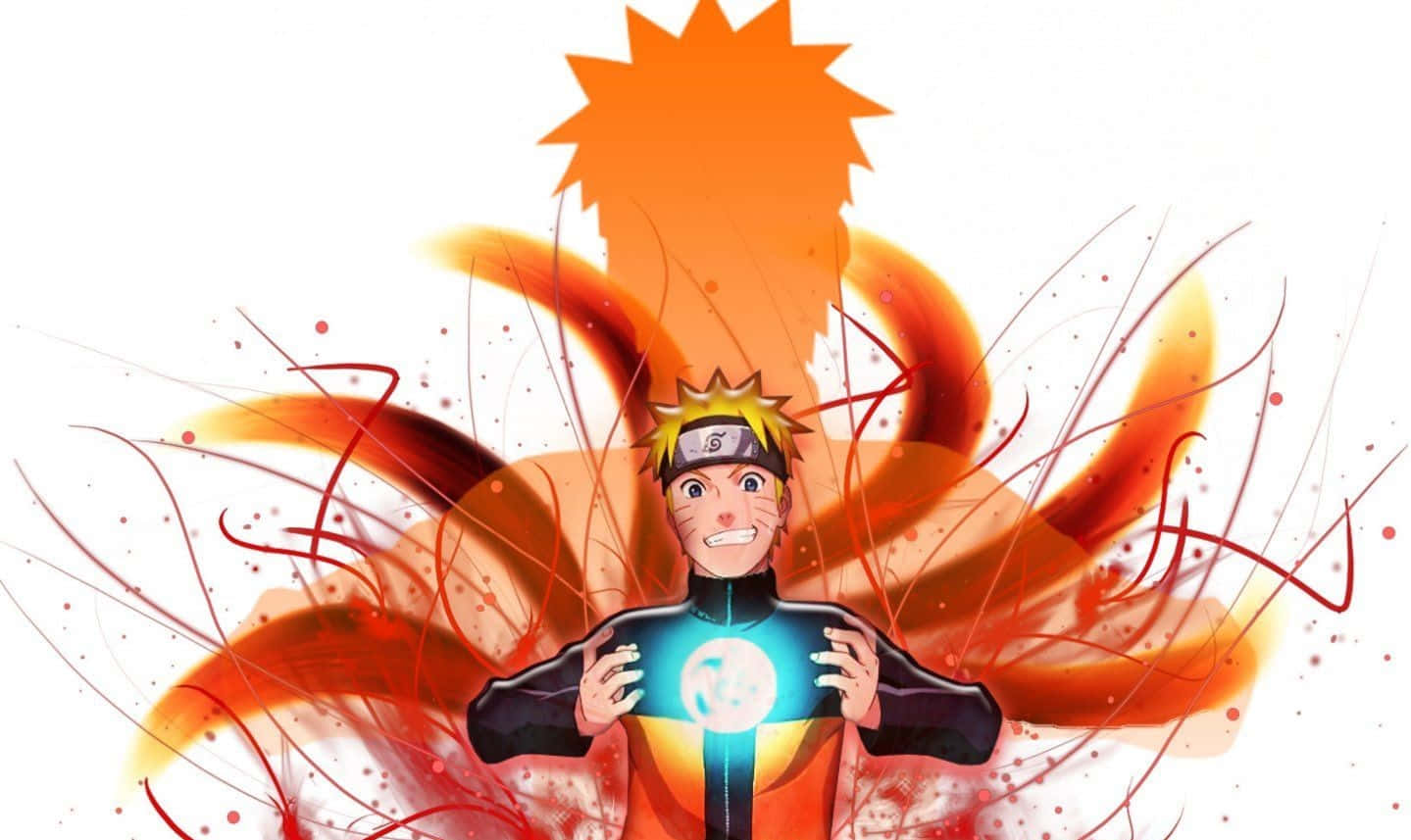 Naruto White 桌布 壁紙 — 動畫角色漩渦鳴人處於九尾查克拉模式，身後有熾熱的橙色查克拉觸手盤旋。