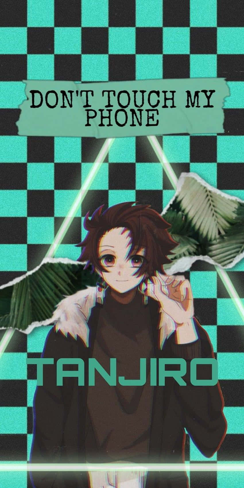 桌布 壁紙 — 動畫角色炭治郎站在青綠色和黑色格紋背景上，帶有撕紙效果和發光霓虹線條。