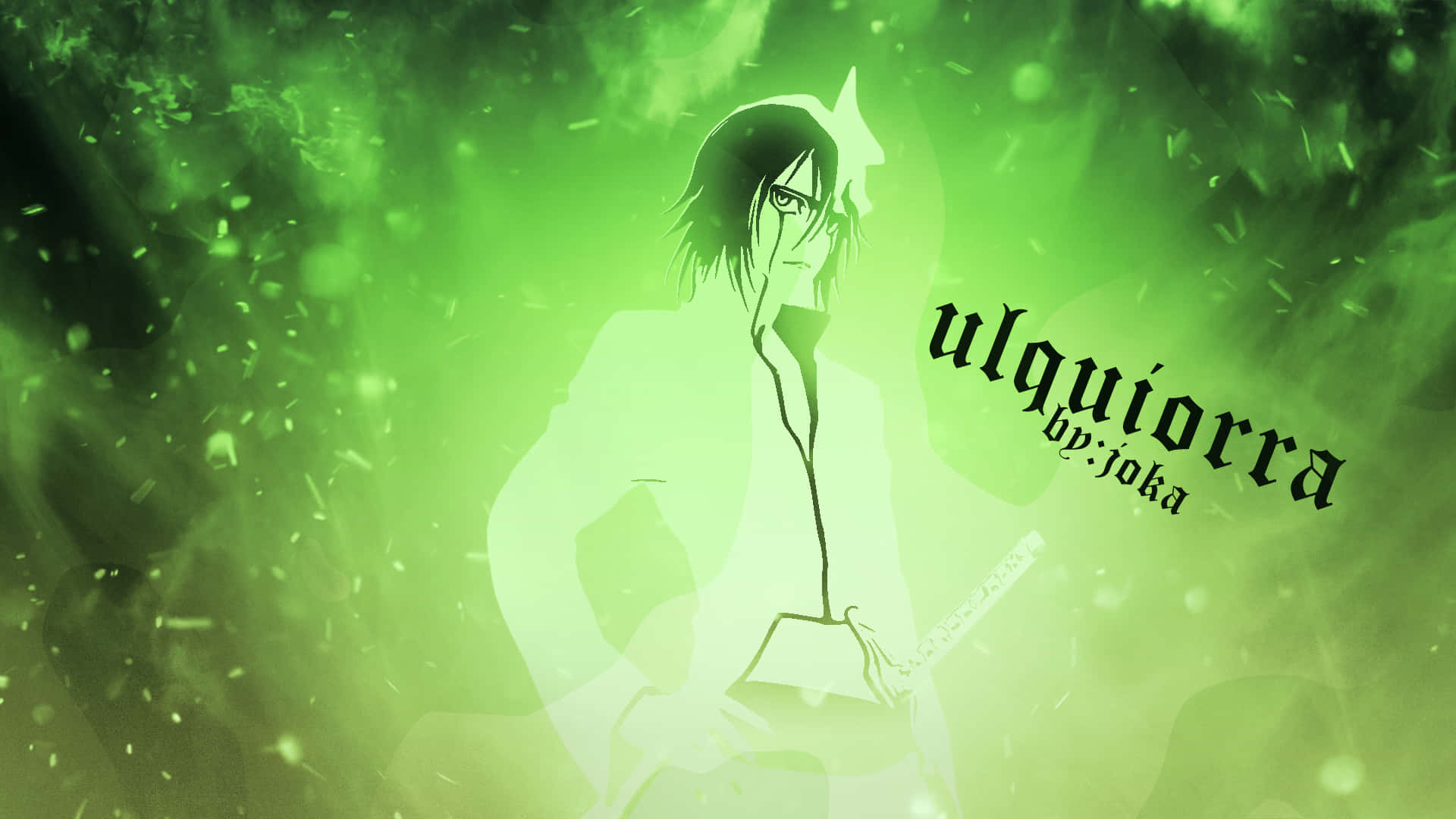 Ulquiorra Cifer 桌布 壁紙 — 動畫角色烏爾奇奧拉站在發光的綠色迷霧中，身旁有漂浮的粒子和一把劍。
