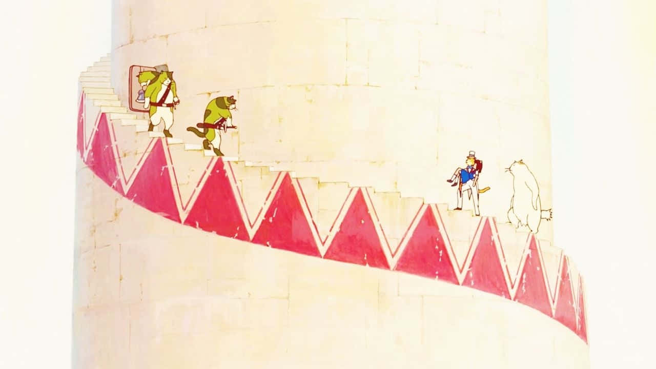 the cat returns 桌布 壁紙 — 動畫角色爬上米色塔牆上帶有紅色三角形圖案的螺旋樓梯。