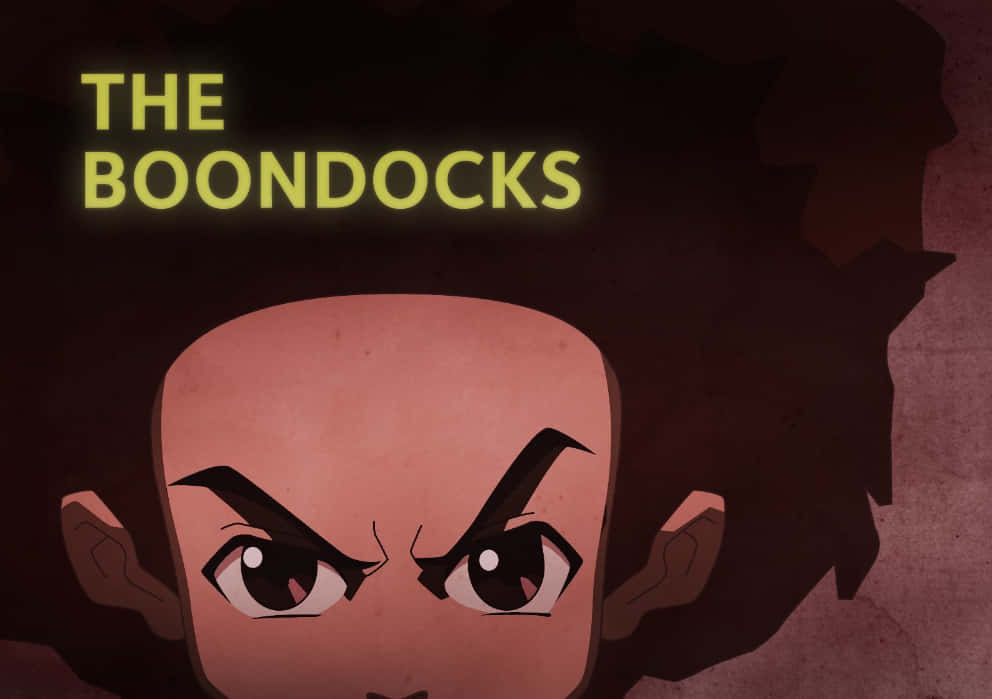 Boondocks 桌布 壁紙 — 動畫角色特寫，帶有強烈的眼睛和發光的黃色標題文字，背景為深色紋理。