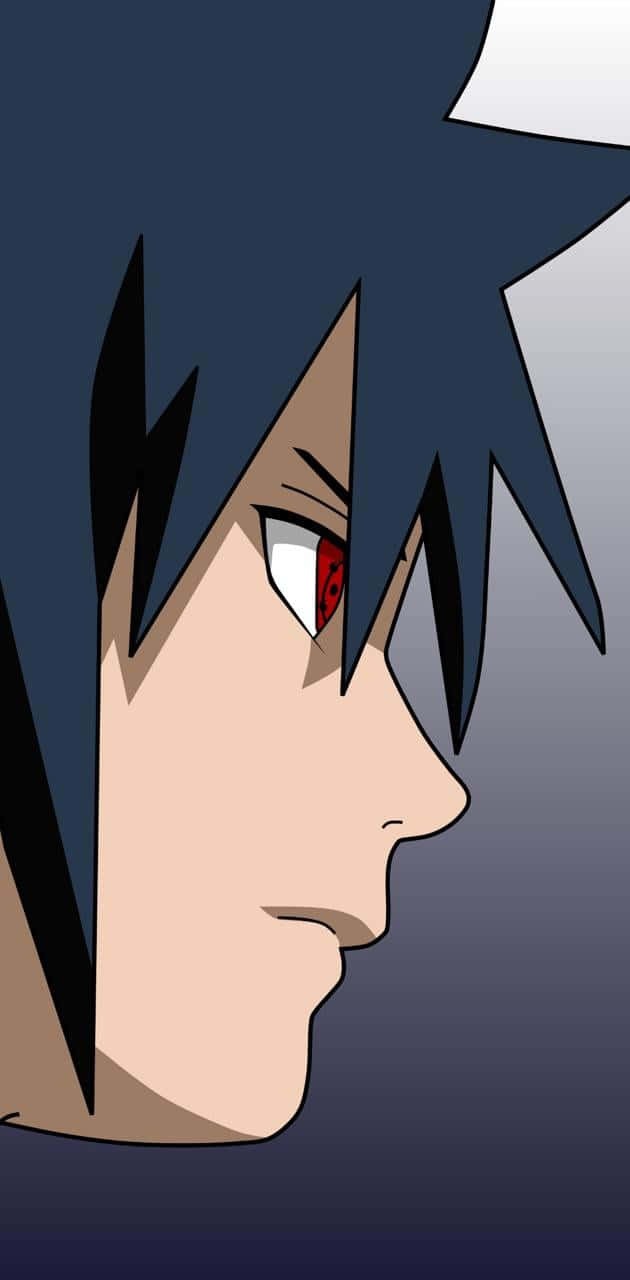 Izuna Uchiha 桌布 壁紙 — 動畫角色特寫側面，擁有尖刺深藍色頭髮和強烈的紅色寫輪眼，背景為漸變色。