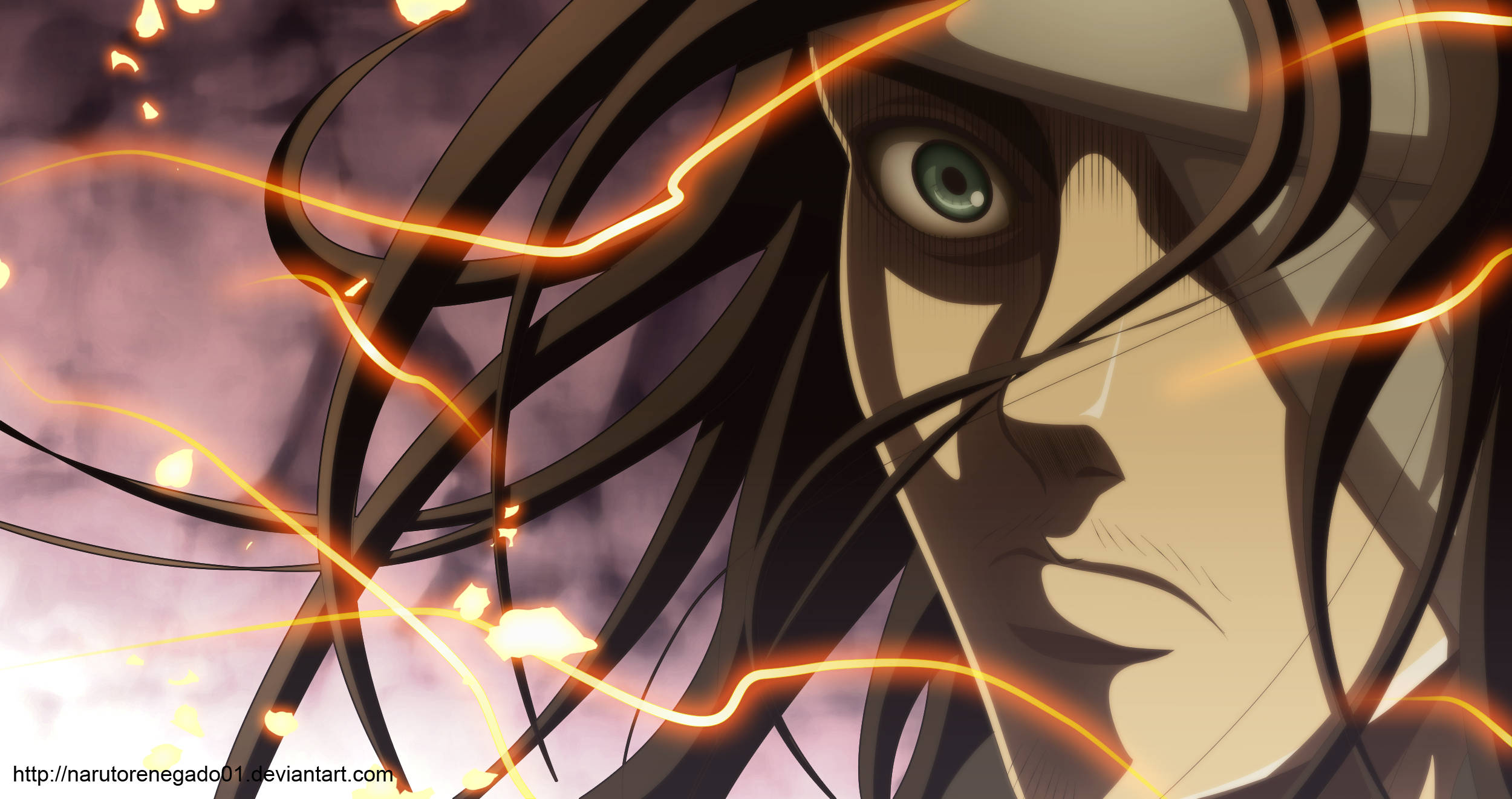 Eren Season 4 桌布 壁紙 — 動畫角色特寫肖像，深色頭髮中帶有發光的橙色能量條紋，背景為煙霧般的紫色。