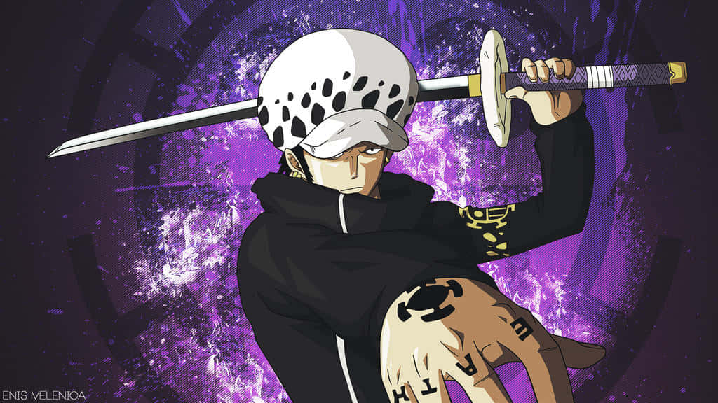 One Piece Trafalgar Law 桌布 壁紙 — 動畫角色特拉法爾加·羅在充滿活力的紫色宇宙背景上將劍扛在肩上。