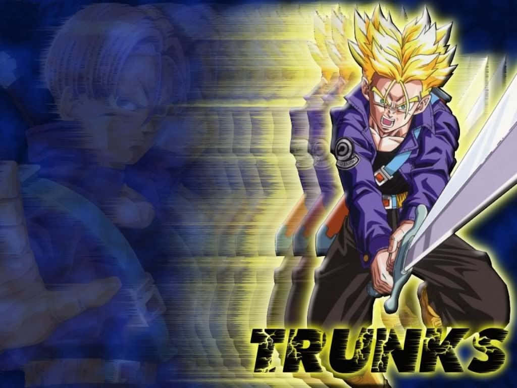 Trunks 桌布 壁紙 — 動畫角色特蘭克斯在動態藍黃色動態模糊背景中，帶著強烈表情揮舞著發光的劍。