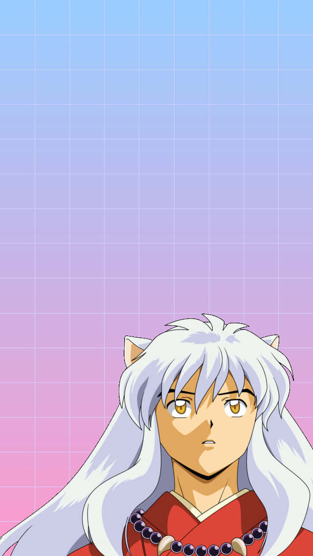 Inuyasha iPhone 桌布 壁紙 — 動畫角色犬夜叉，白色頭髮和狗耳朵，在粉彩漸變網格背景前凝視前方。
