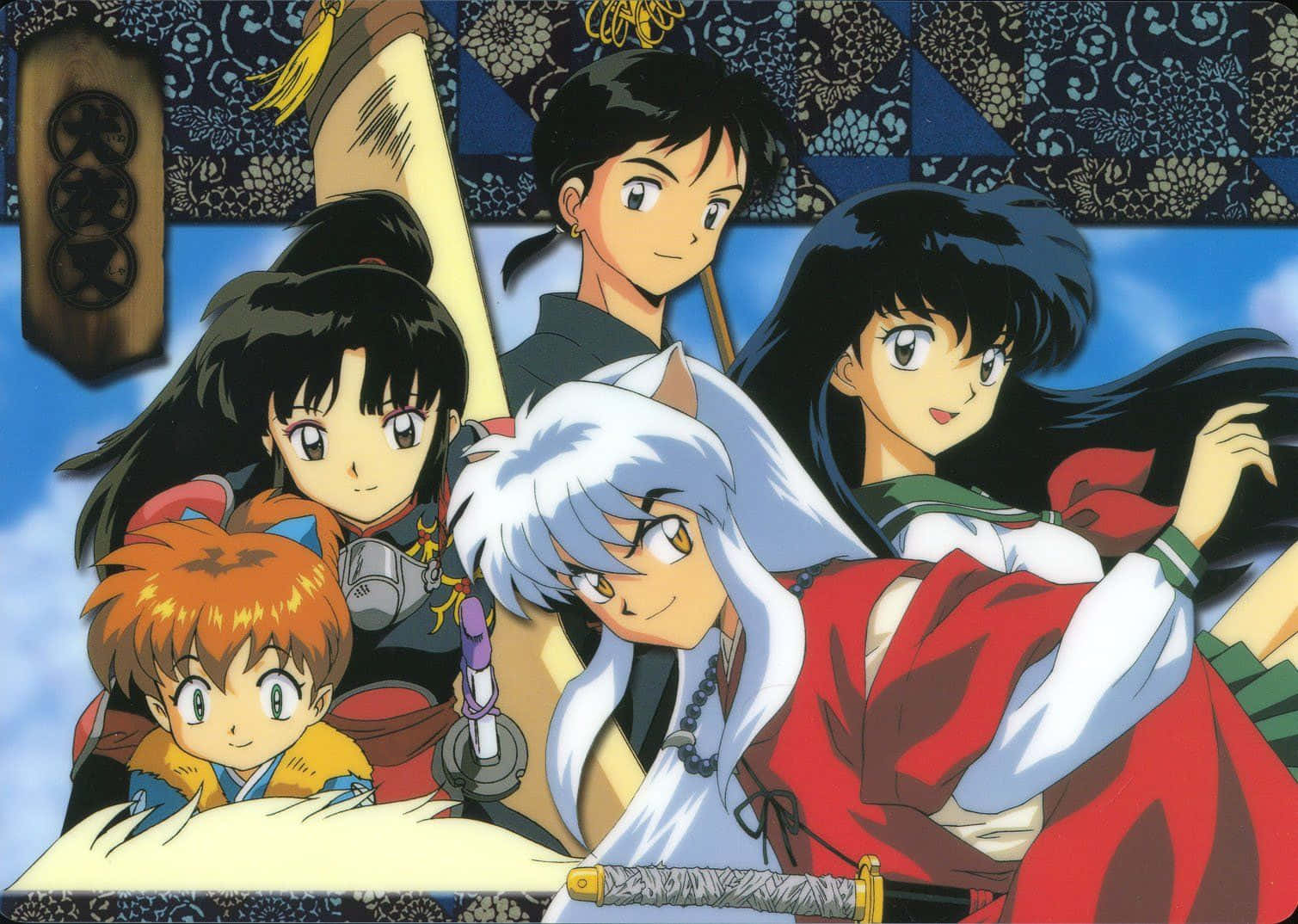 Inuyasha And Miroku 桌布 壁紙 — 動畫角色犬夜叉和朋友們在藍天和圖案背景前一起擺姿勢。