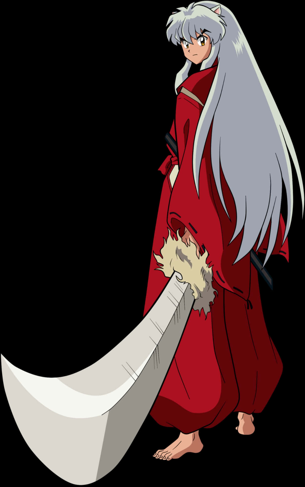 Inuyasha And Tessaiga 桌布 壁紙 — 動畫角色犬夜叉赤腳穿著紅色和服，手持大刀，背景為黑色。