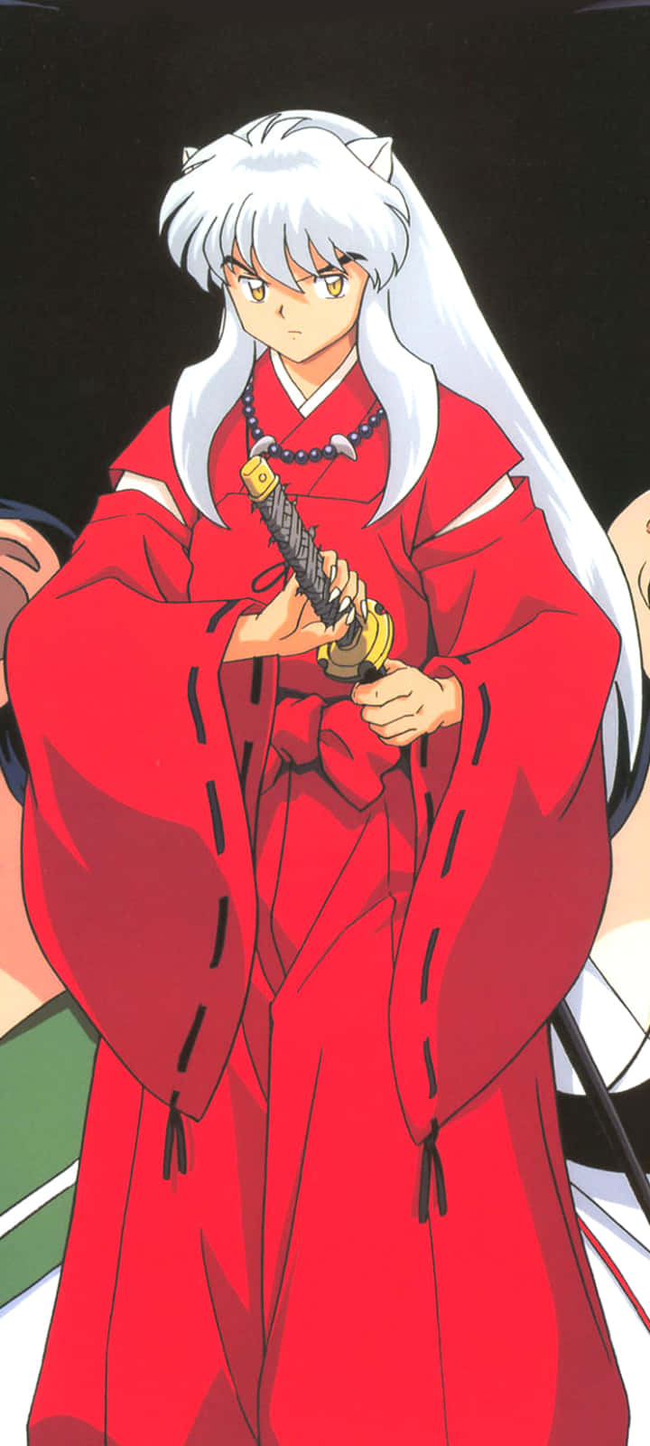 Inuyasha iPhone 桌布 壁紙 — 動畫角色犬夜叉身穿紅色和服，手持劍，背景為深色。