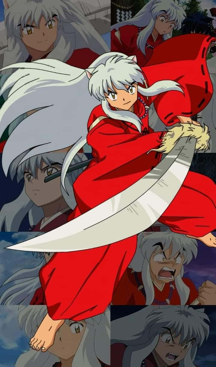 Inuyasha And Rin 桌布 壁紙 — 動畫角色犬夜叉身穿紅色和服揮劍的動態拼貼畫。