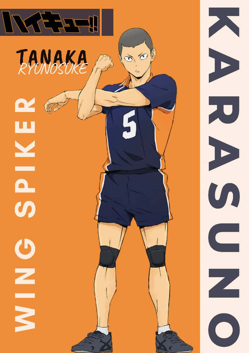 Tanaka Ryunosuke 桌布 壁紙 — 動畫角色田中龍之介穿著烏野排球制服在橙色背景上彎曲手臂。