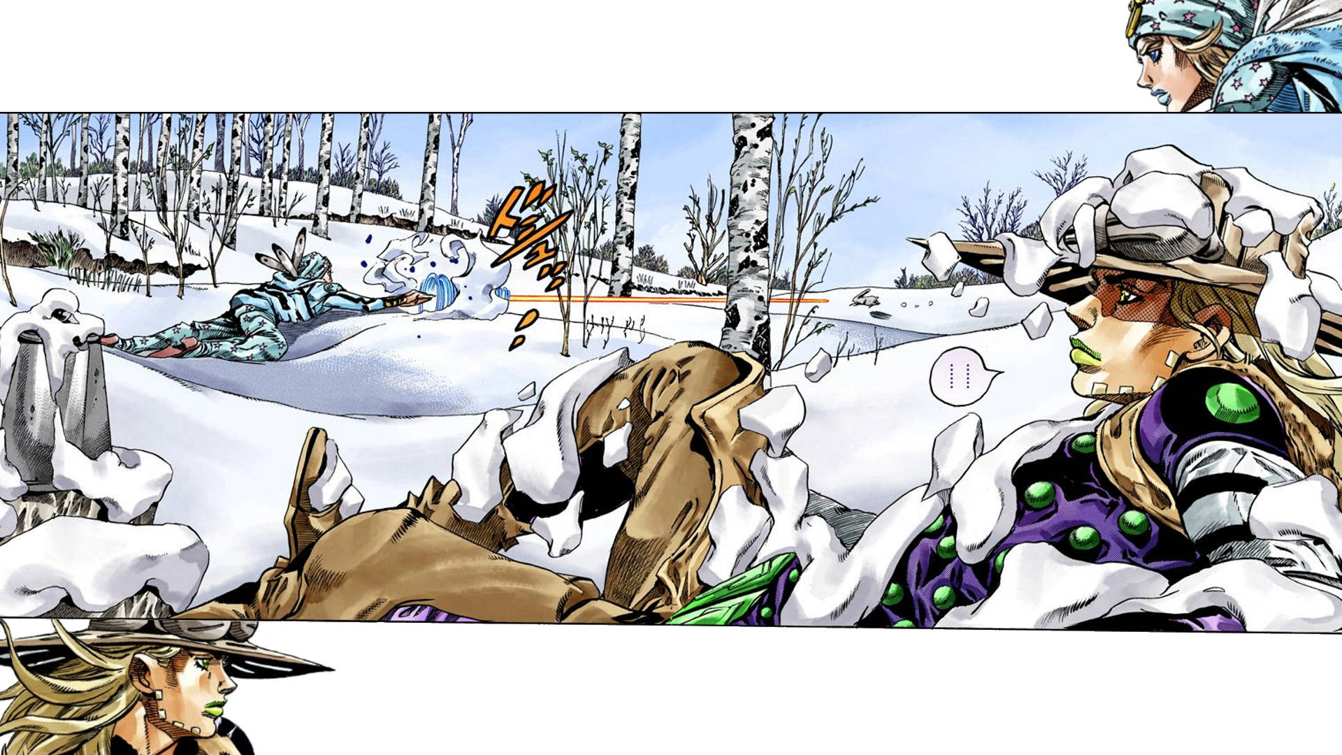 Johnny Joestar 桌布 壁紙 — 動畫角色穿著冬季裝備在雪地森林中戰鬥，森林中有白樺樹和積雪覆蓋的地面。