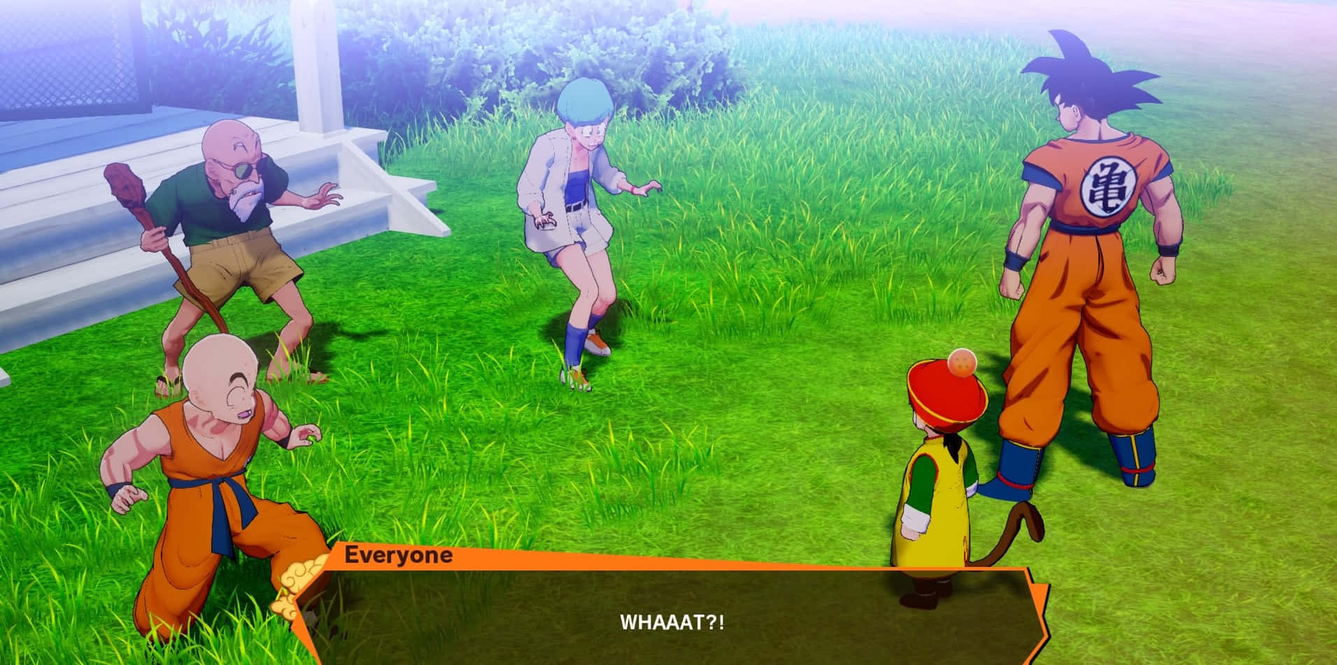 Dragon Ball Z Games 桌布 壁紙 — 動畫角色穿著橙色道服站在鮮綠色草地上，在遊戲場景中表現出驚訝的反應。