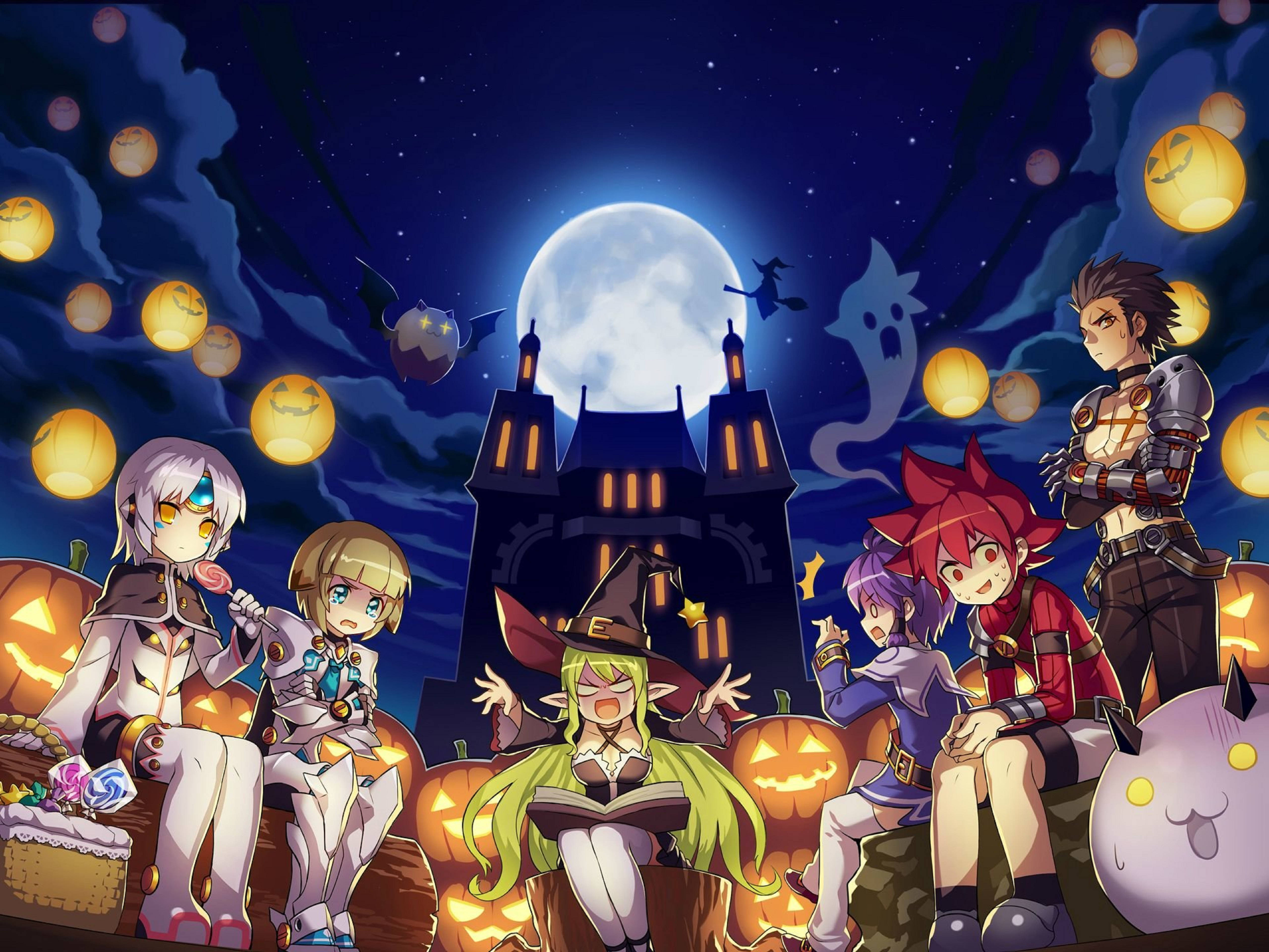 Elsword 桌布 壁紙 — 動畫角色穿著萬聖節服裝聚集在發光的南瓜燈周圍，滿月下靠近一座陰森的城堡。