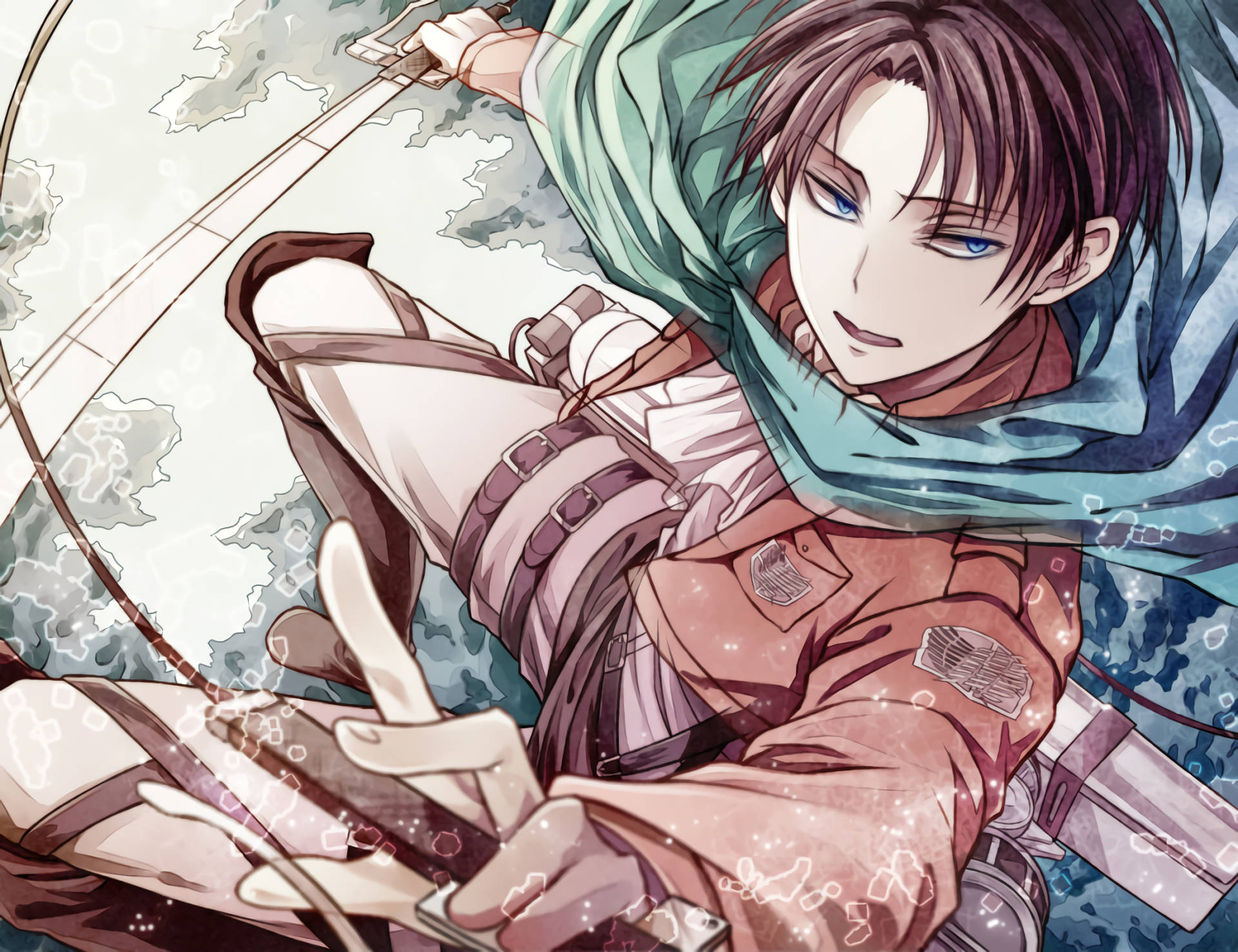 levi aesthetic 桌布 壁紙 — 動畫角色穿著軍事裝備，在陰雲密布的天空下用 maneuvering gear 擺盪。