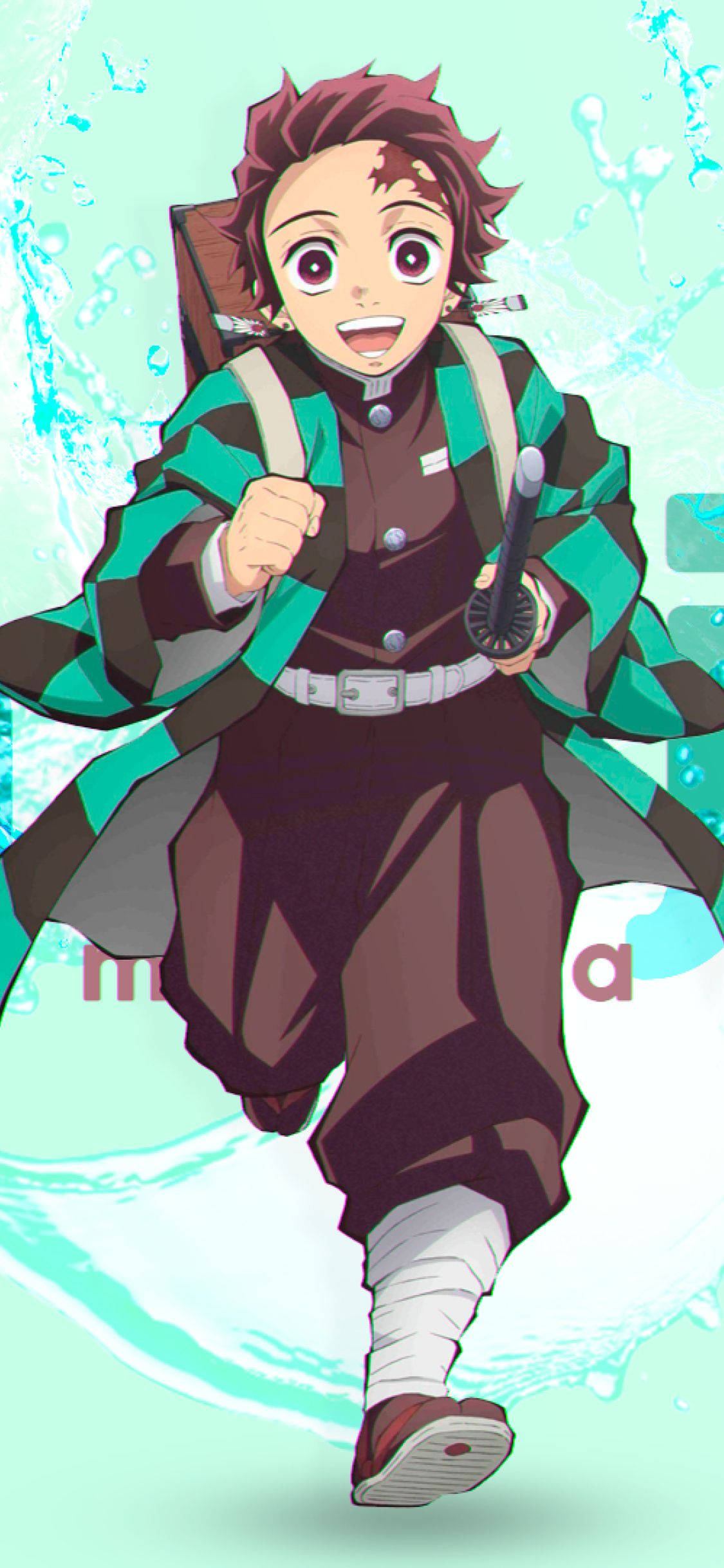 Demon Slayer Aesthetic 桌布 壁紙 — 動畫角色竈門炭治郎在淺青色背景上，被動態水花包圍，帶著喜悅的表情向前奔跑。