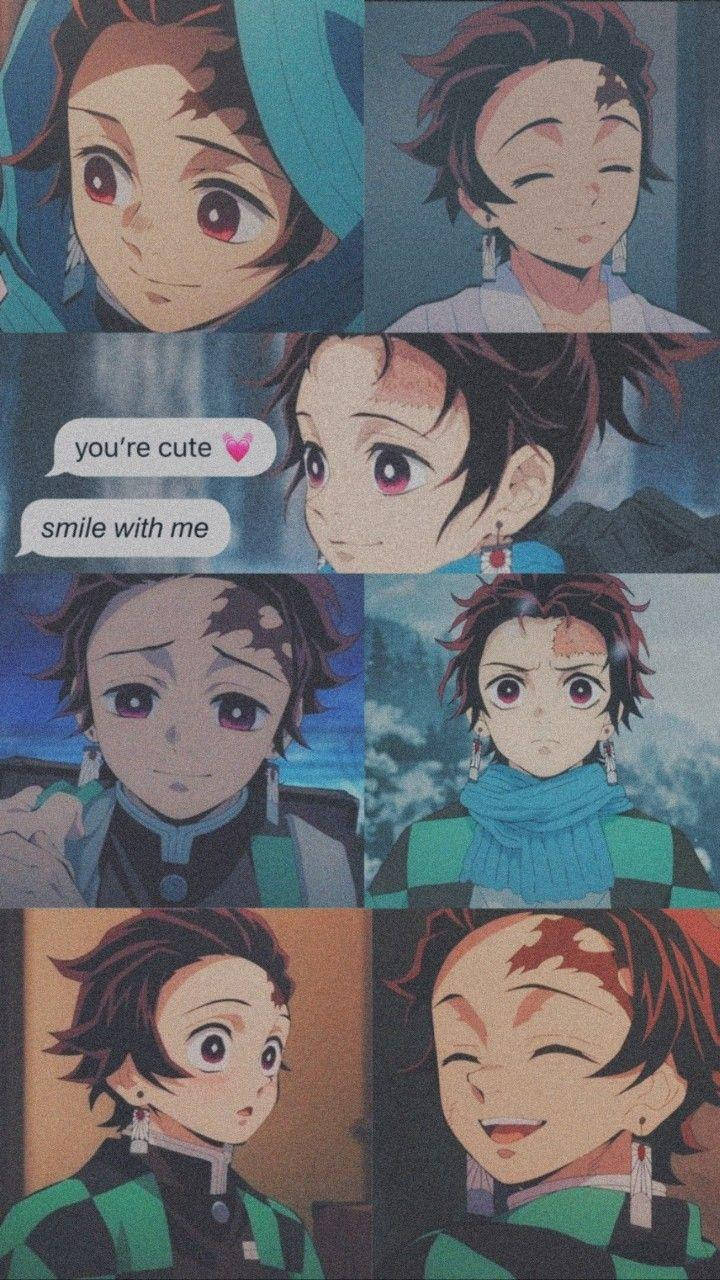 Demon Slayer Aesthetic 桌布 壁紙 — 動畫角色竈門炭治郎的多種表情特寫拼貼畫，附有對話框說你可愛，跟我一起笑。
