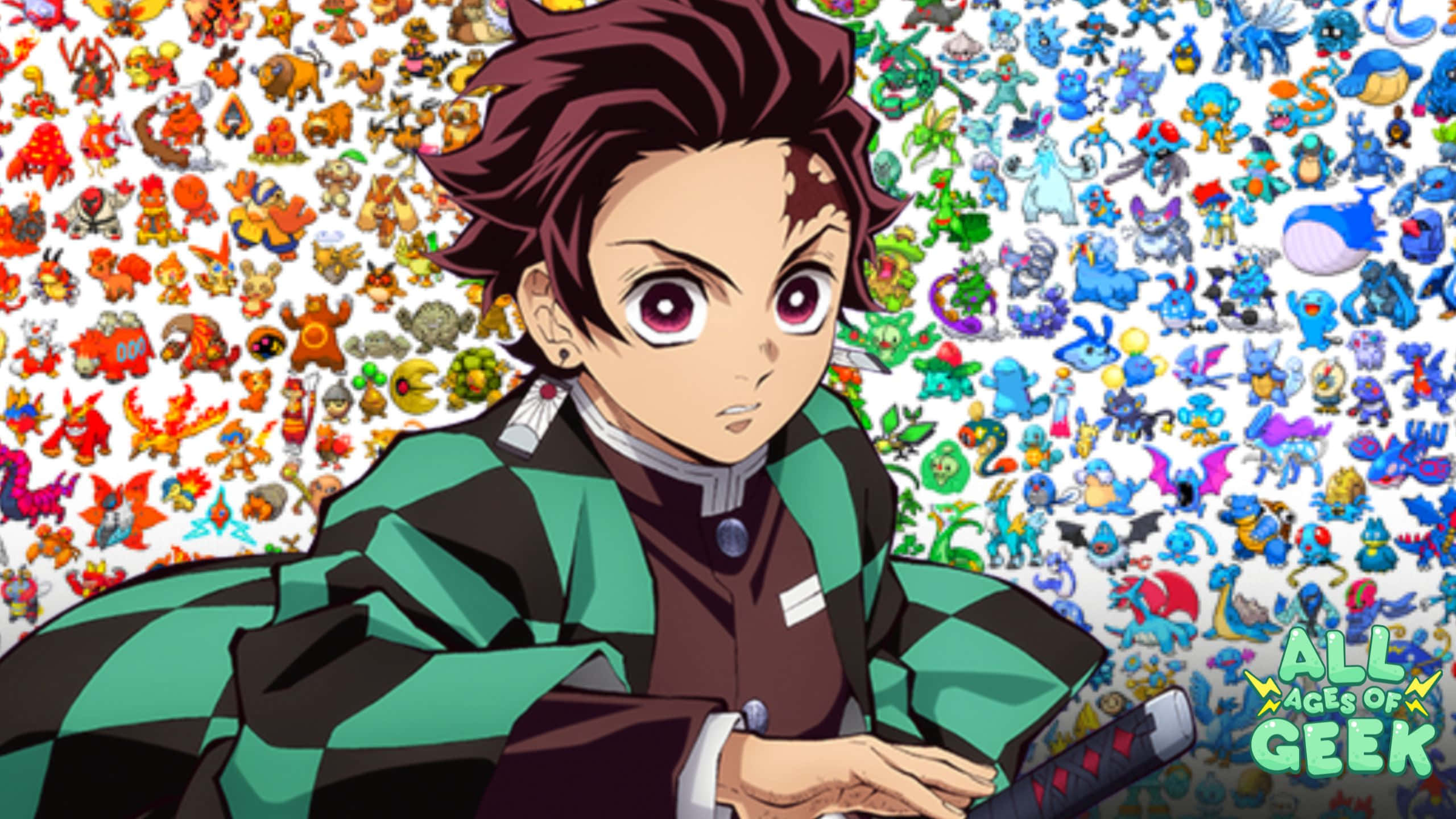 Demon Slayer Characters 桌布 壁紙 — 動畫角色竈門炭治郎站在充滿活力的寶可夢精靈馬賽克前。