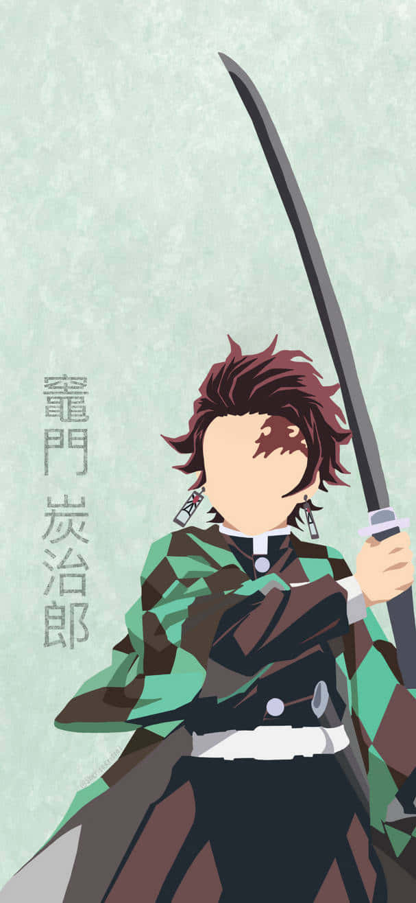 桌布 壁紙 — 動畫角色竈門炭治郎身穿綠色和棕色格紋和服，在淺綠色紋理背景前手持長劍。
