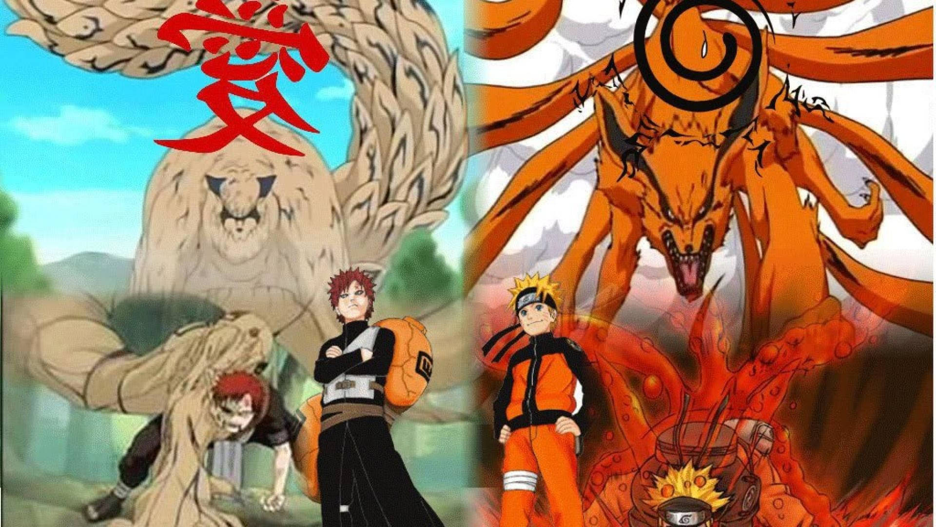 Gaara 桌布 壁紙 — 動畫角色站在巨大的尾獸前，帶有紅色漢字和火熱的橙色查克拉，在分屏戰鬥場景中。