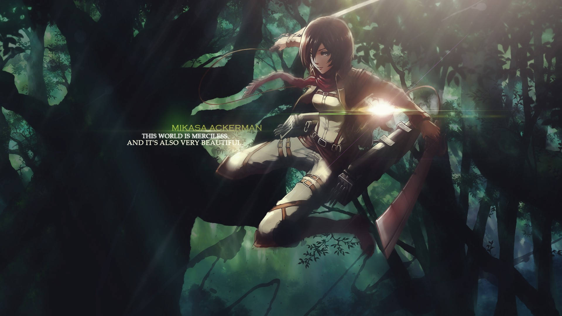Mikasa Ackerman 桌布 壁紙 — 動畫角色米卡莎·阿卡曼跳過陽光明媚的森林，發光的光束穿透茂密的綠色樹冠。