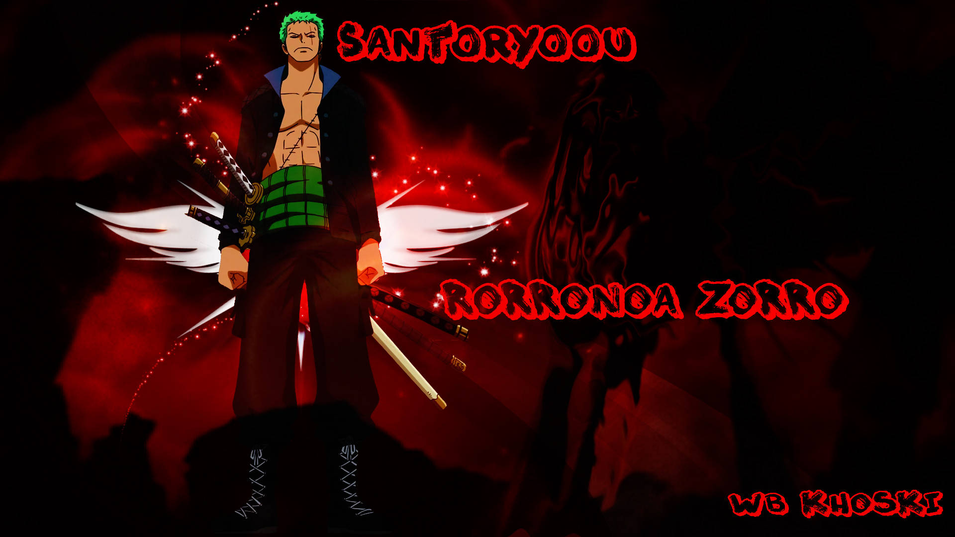 Roronoa Zoro 桌布 壁紙 — 動畫角色羅羅諾亞·索隆手持三把劍，背負白色翅膀，站在暗紅色發光背景前。