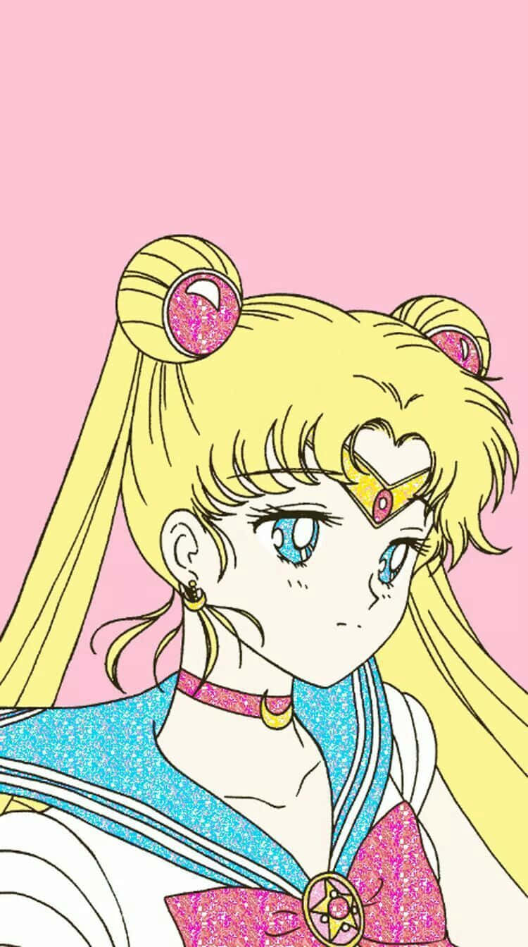 Sailor Moon iPad 桌布 壁紙 — 動畫角色美少女戰士，金髮藍眼，在柔和的粉紅色背景前凝視前方。